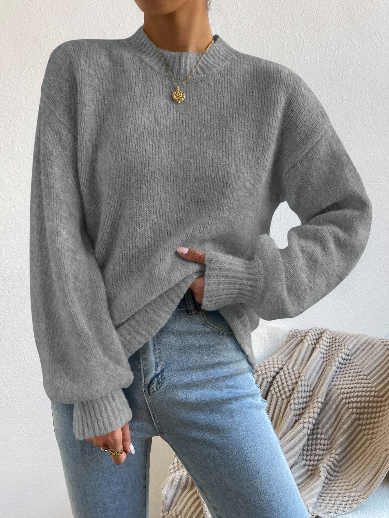 Pull à col montant avec épaules tombantes, Top à manches longues tricoté, pull pour — vue 12