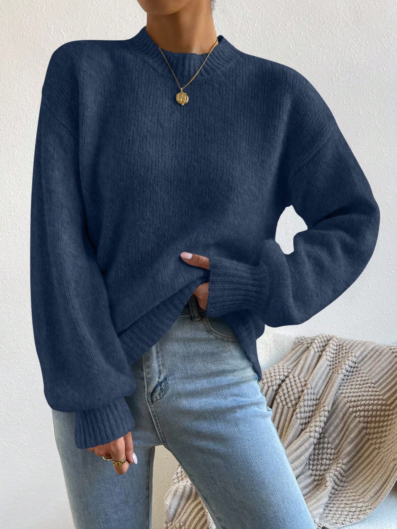 Pull à col montant avec épaules tombantes, Top à manches longues tricoté, pull pour — vue 7