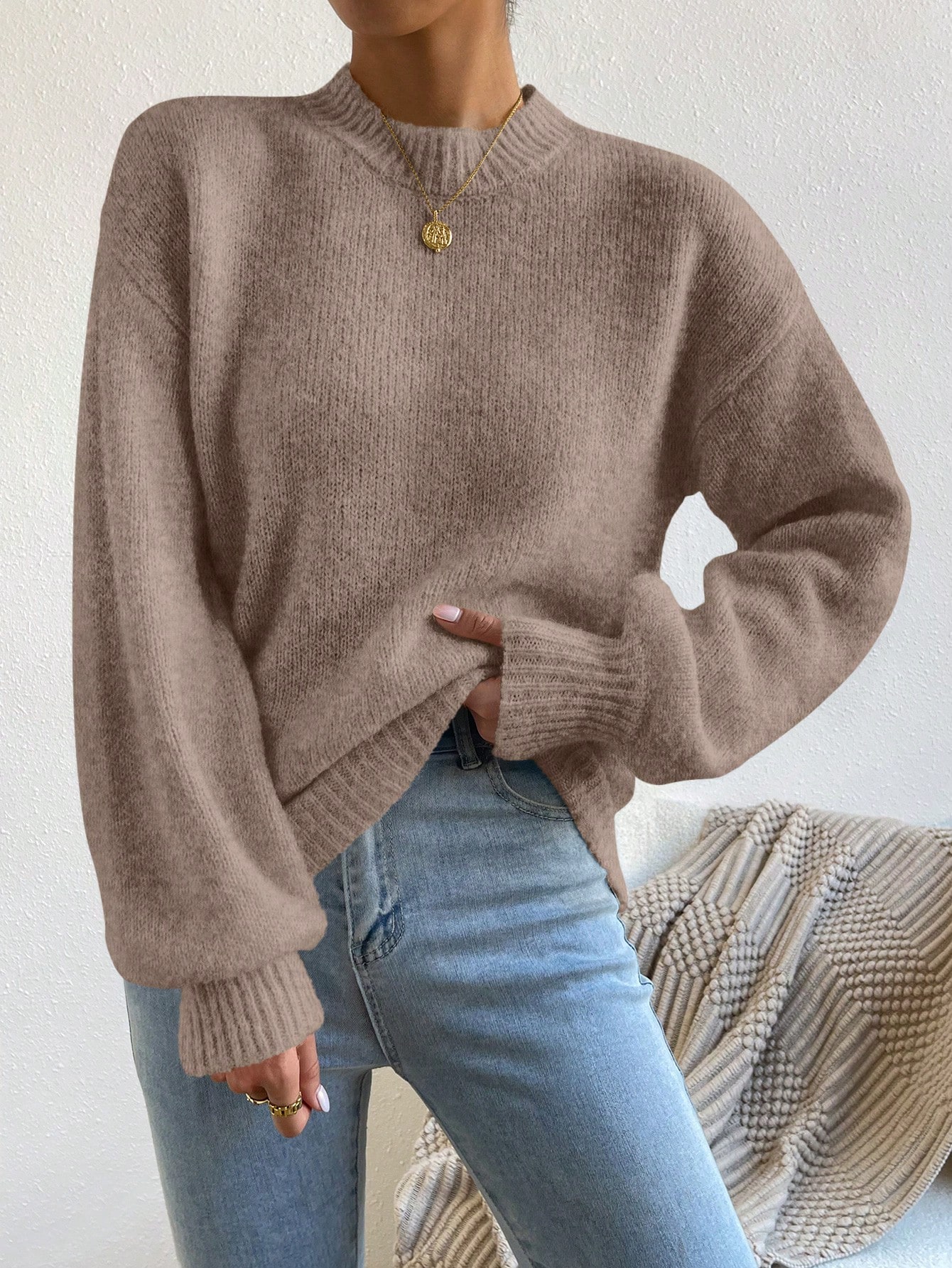 Pull à col montant avec épaules tombantes, Top à manches longues tricoté, pull pour — vue 9