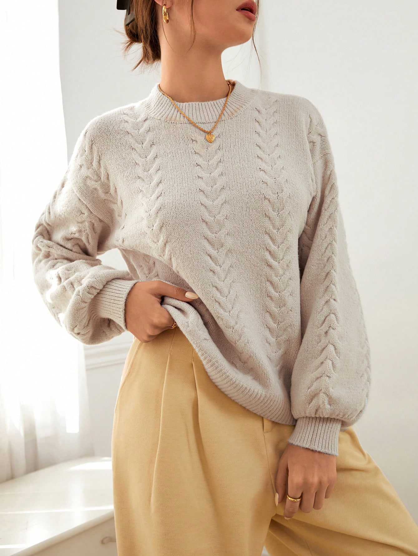 Pull à col montant avec épaules tombantes, Top à manches longues tricoté, pull pour — vue 8