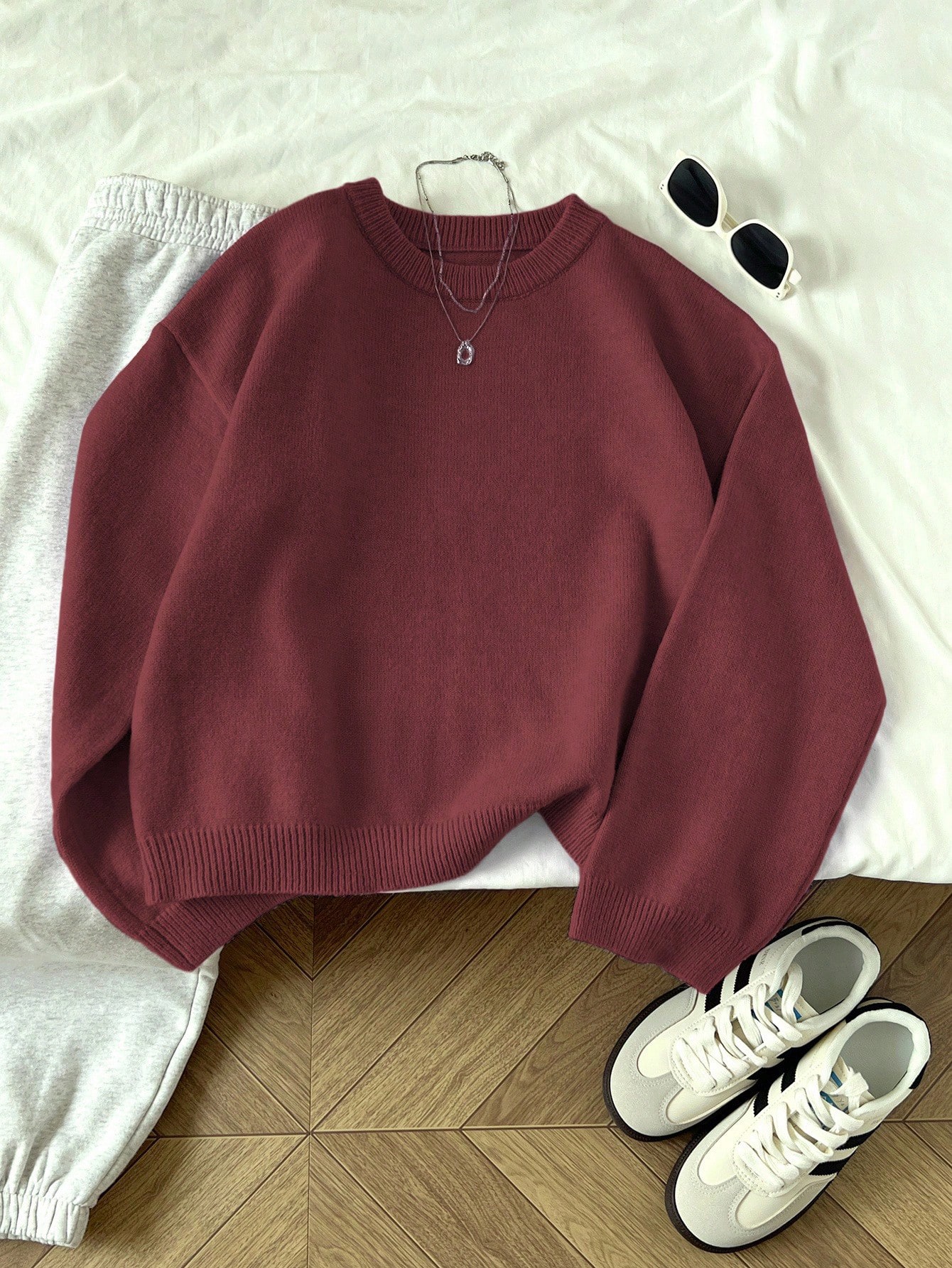 Flirla Pull femme col rond couleur unie manches longues décontracté pour tous les jours — vue 4
