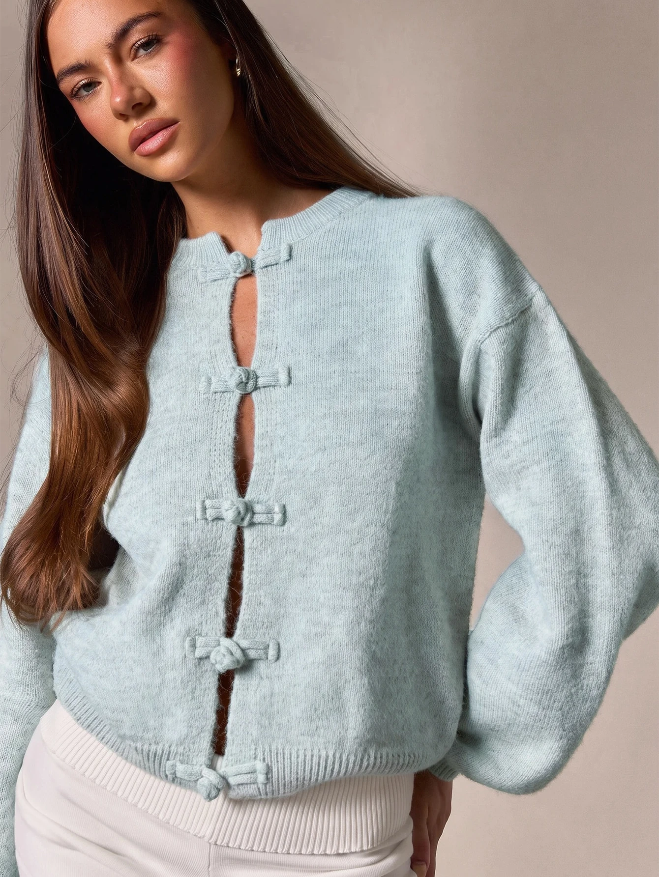 Athîral Cardigan décontracté beige style chinois avec boutons grenouille pour femmes, — vue 6