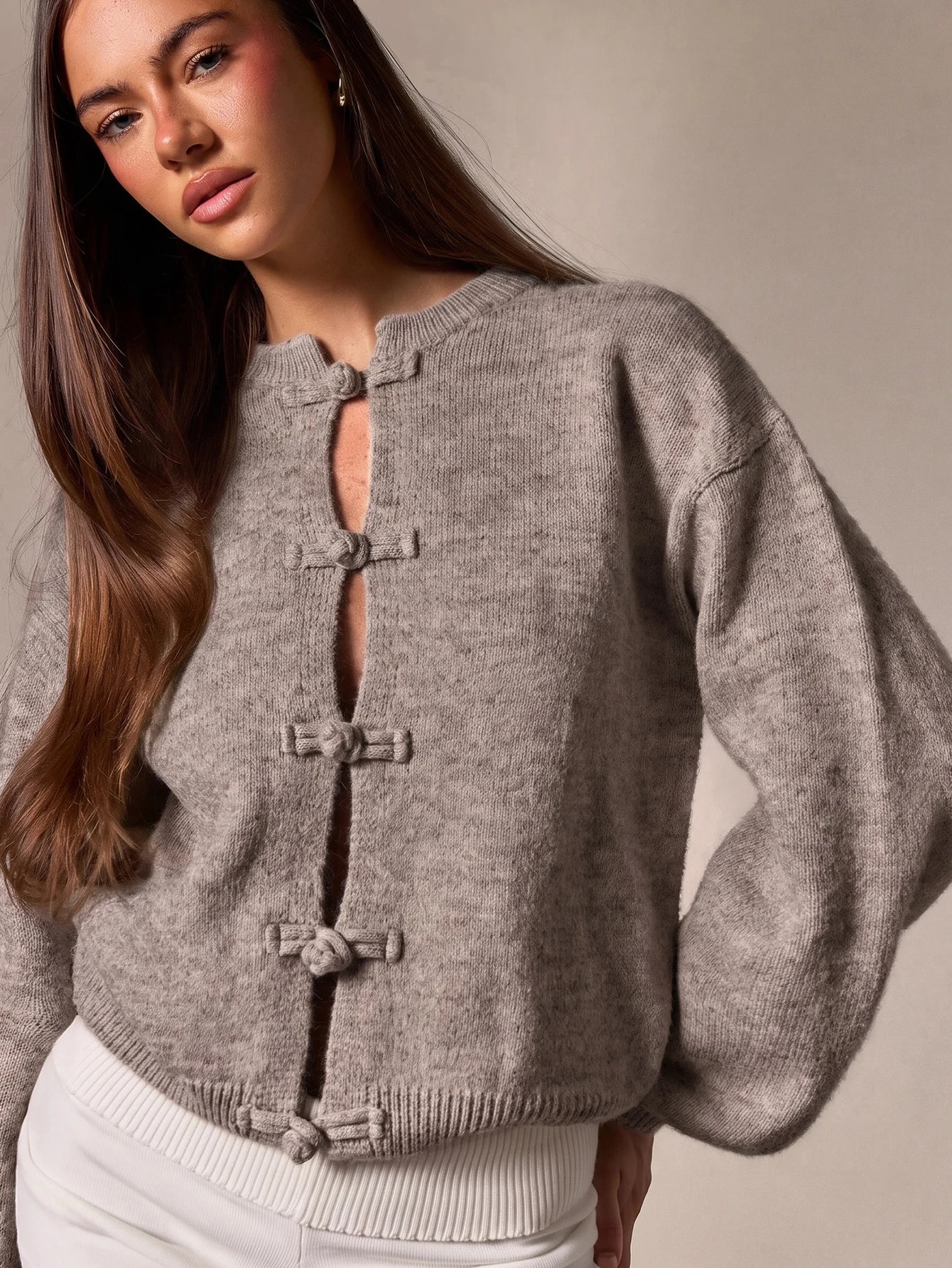 Athîral Cardigan décontracté beige style chinois avec boutons grenouille pour femmes, — vue 3
