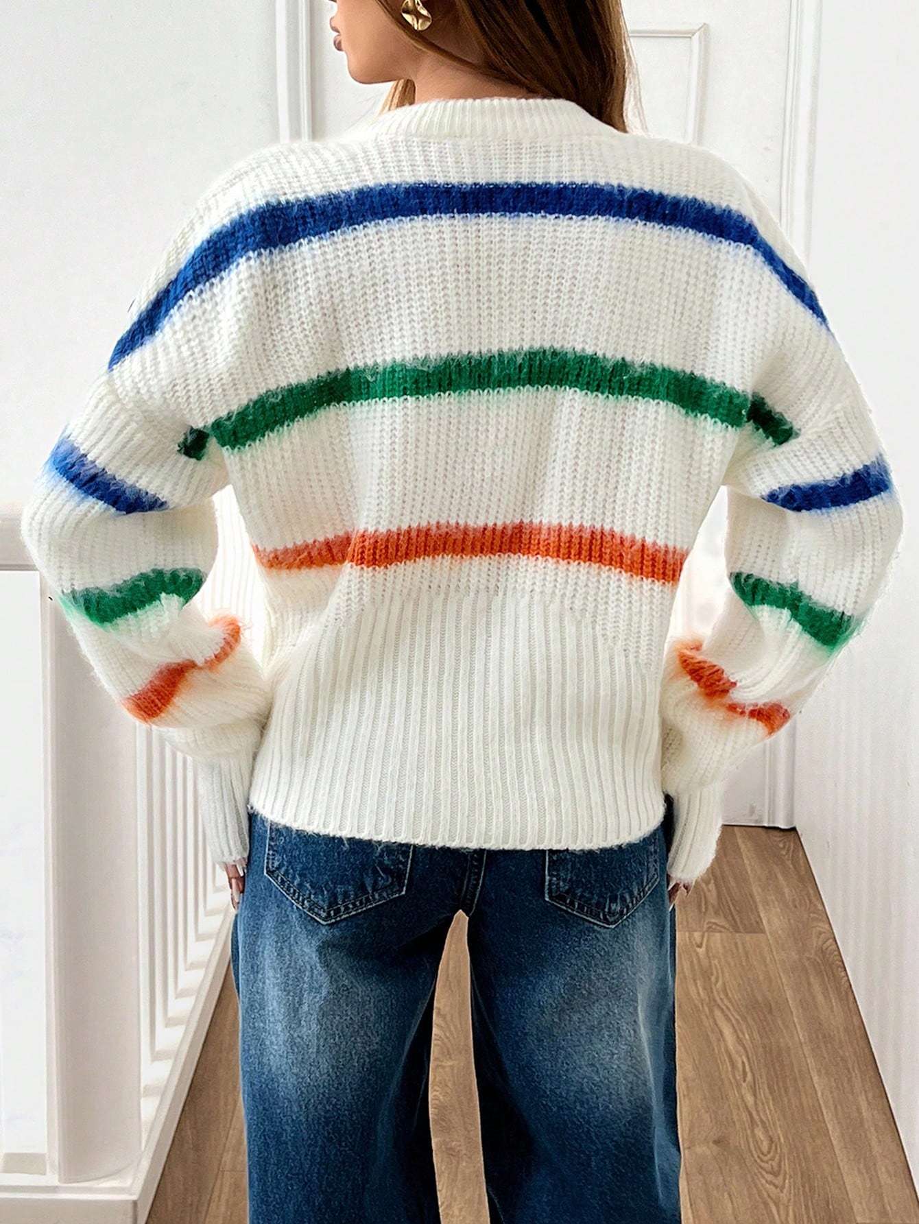EURMUSE Pull-over femme à rayures avec détails zippés en fil poilu, bleu et blanc, style — vue 5