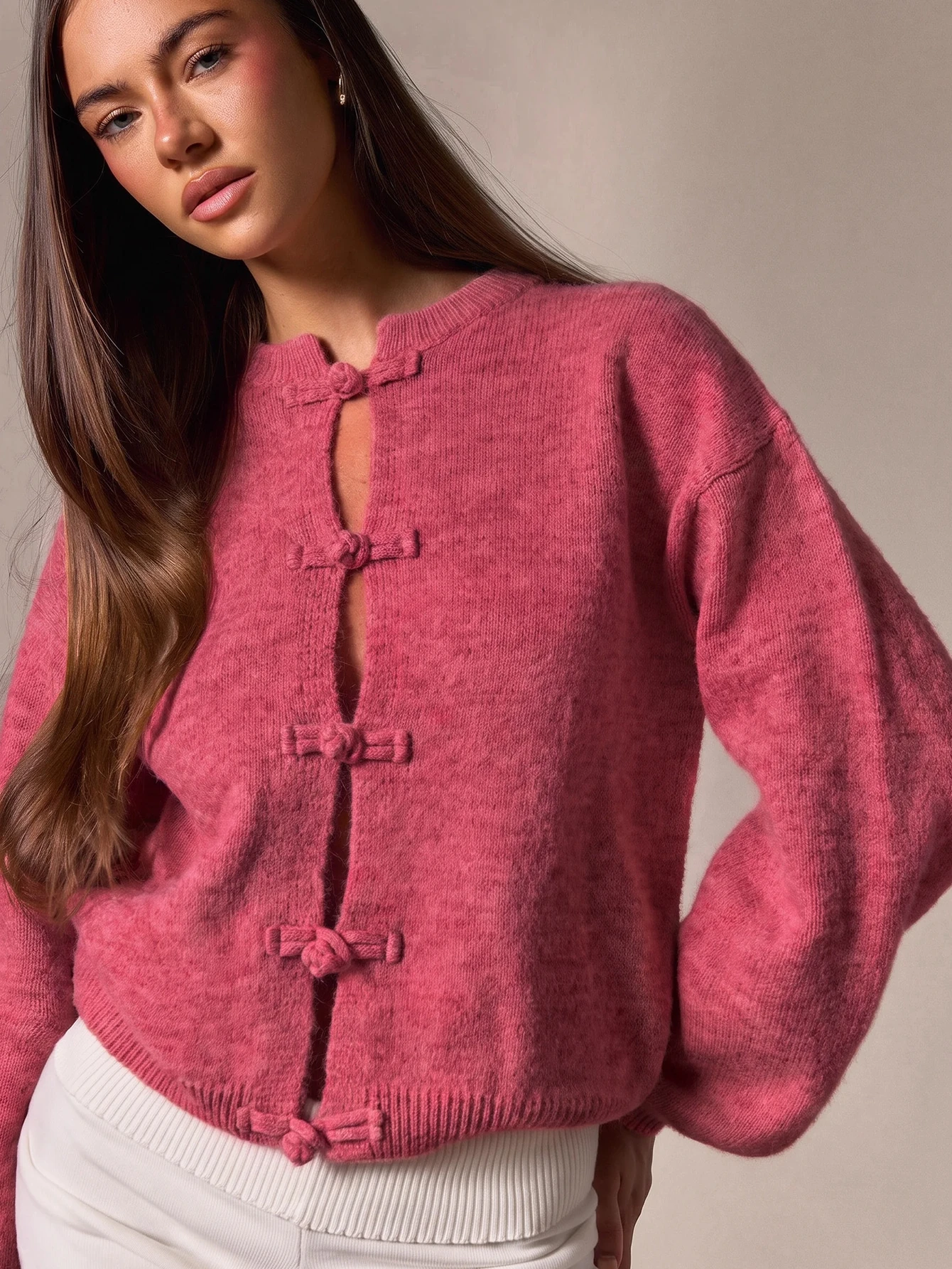 Athîral Cardigan décontracté beige style chinois avec boutons grenouille pour femmes, — vue 5