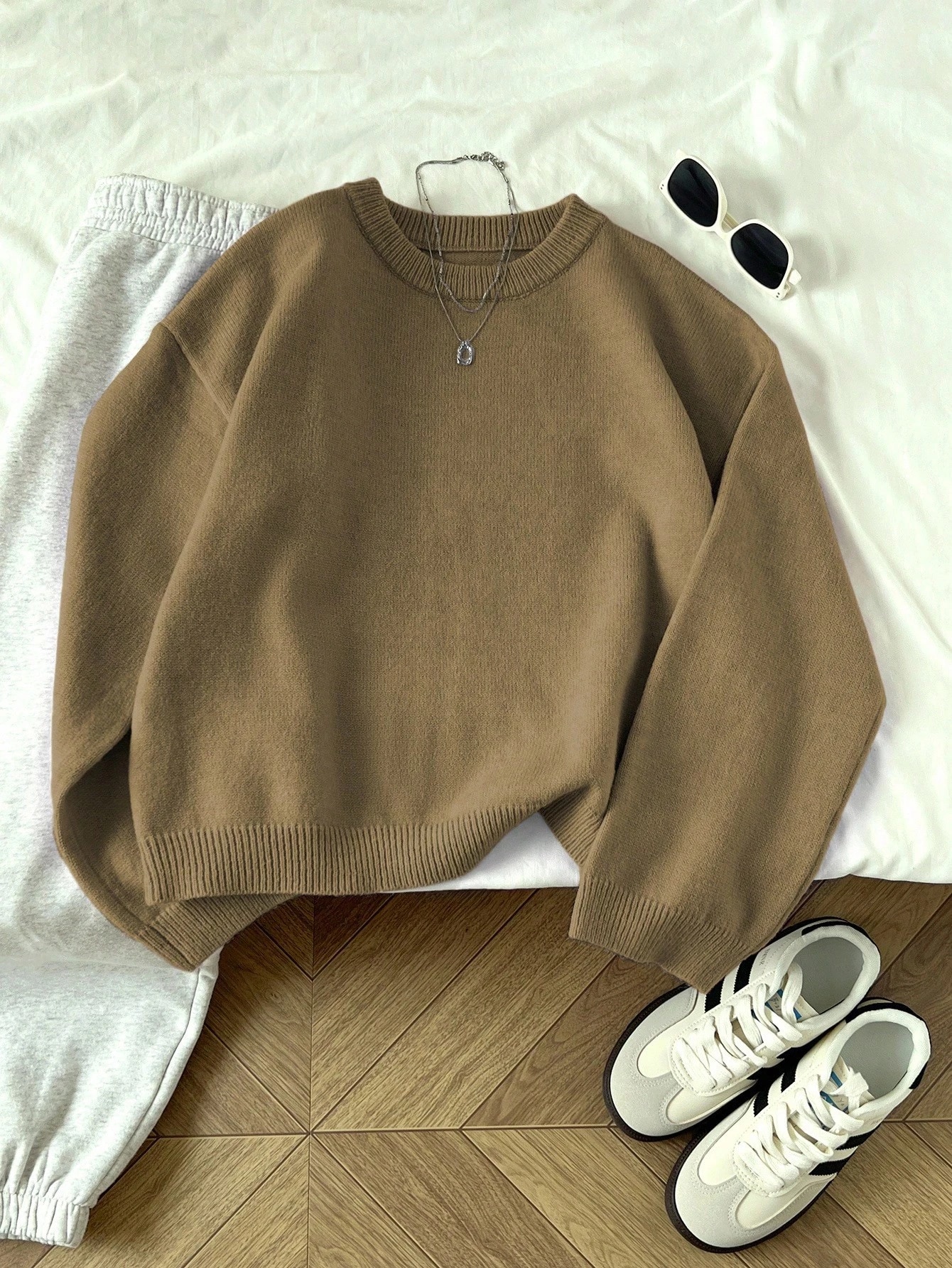 Flirla Pull femme col rond couleur unie manches longues décontracté pour tous les jours — vue 6