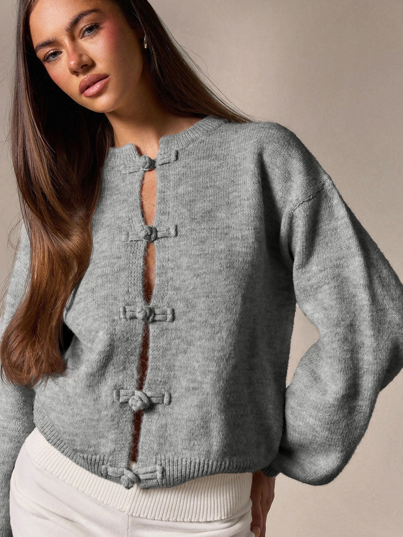 Athîral Cardigan décontracté beige style chinois avec boutons grenouille pour femmes, — vue 4