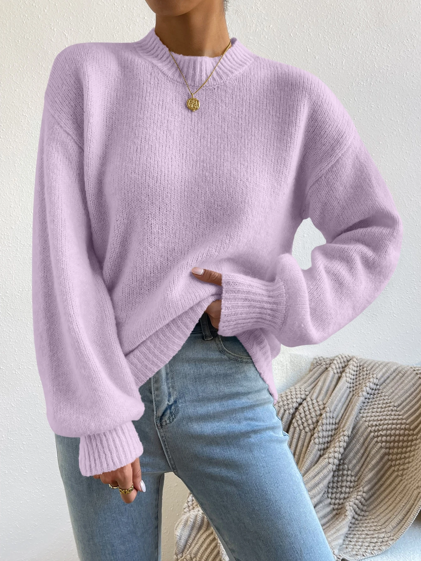 Pull à col montant avec épaules tombantes, Top à manches longues tricoté, pull pour — vue 15