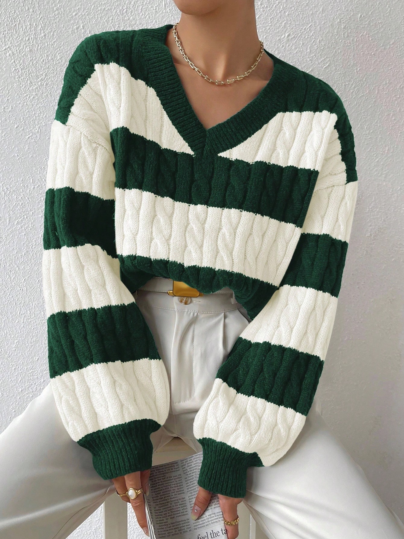 Sprig & Strand Pull à manches longues en tricot côtelé bicolore, pull tricoté pour — vue 3