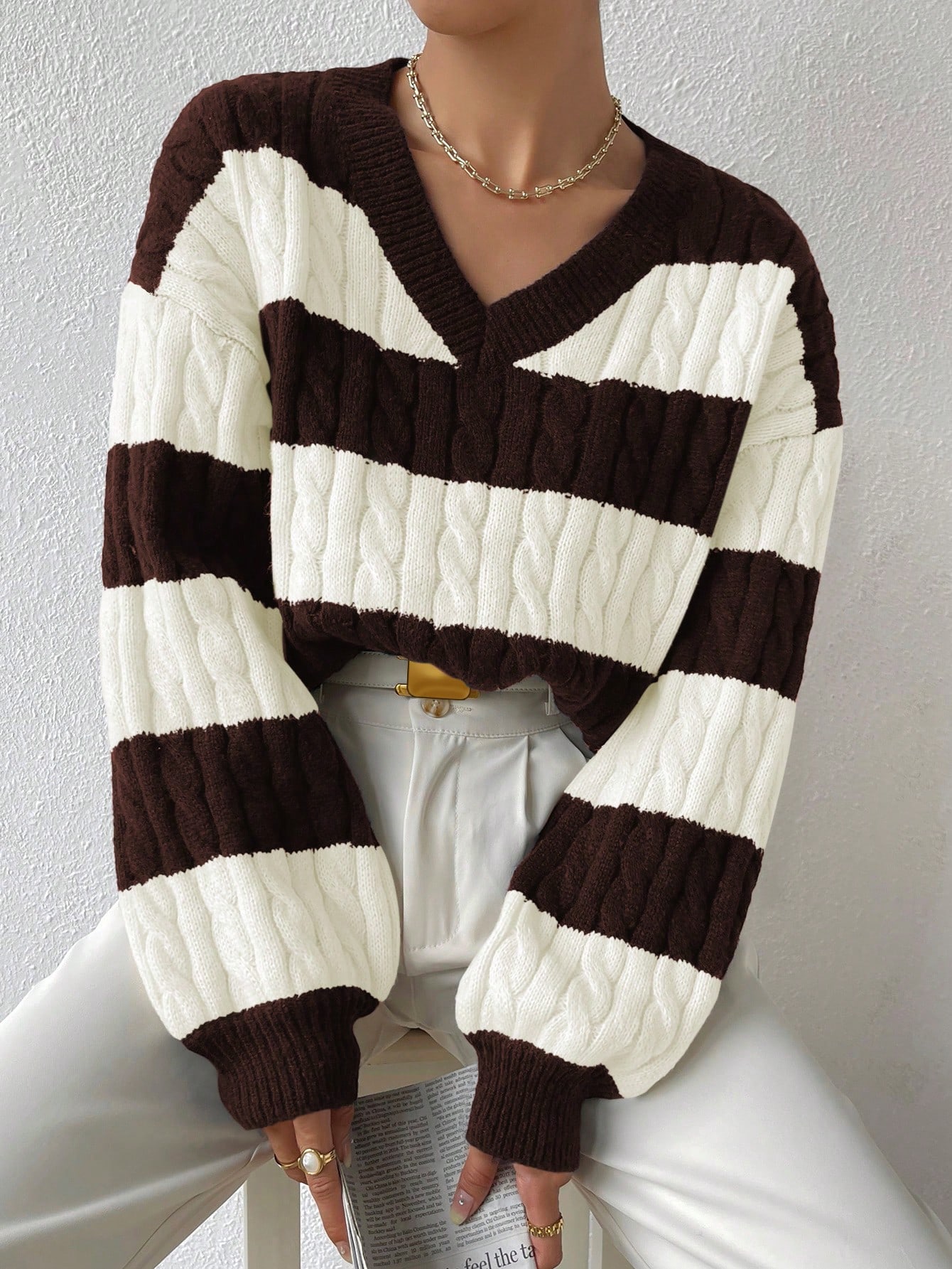 Sprig & Strand Pull à manches longues en tricot côtelé bicolore, pull tricoté pour — vue 2