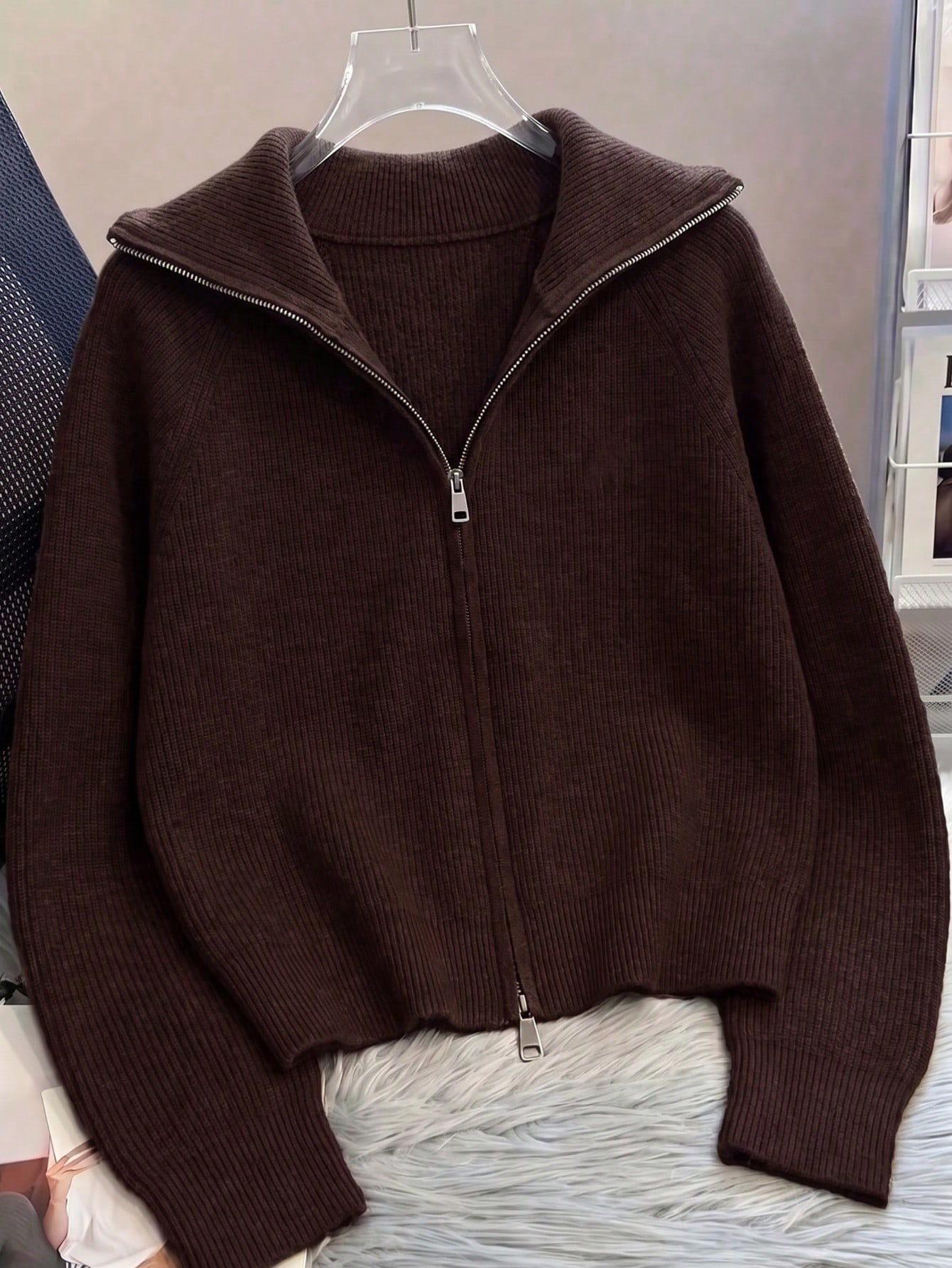 Cardigan zippé pour femmes, pull oversize en tricot côtelé de style moyen-oriental, veste — vue 5