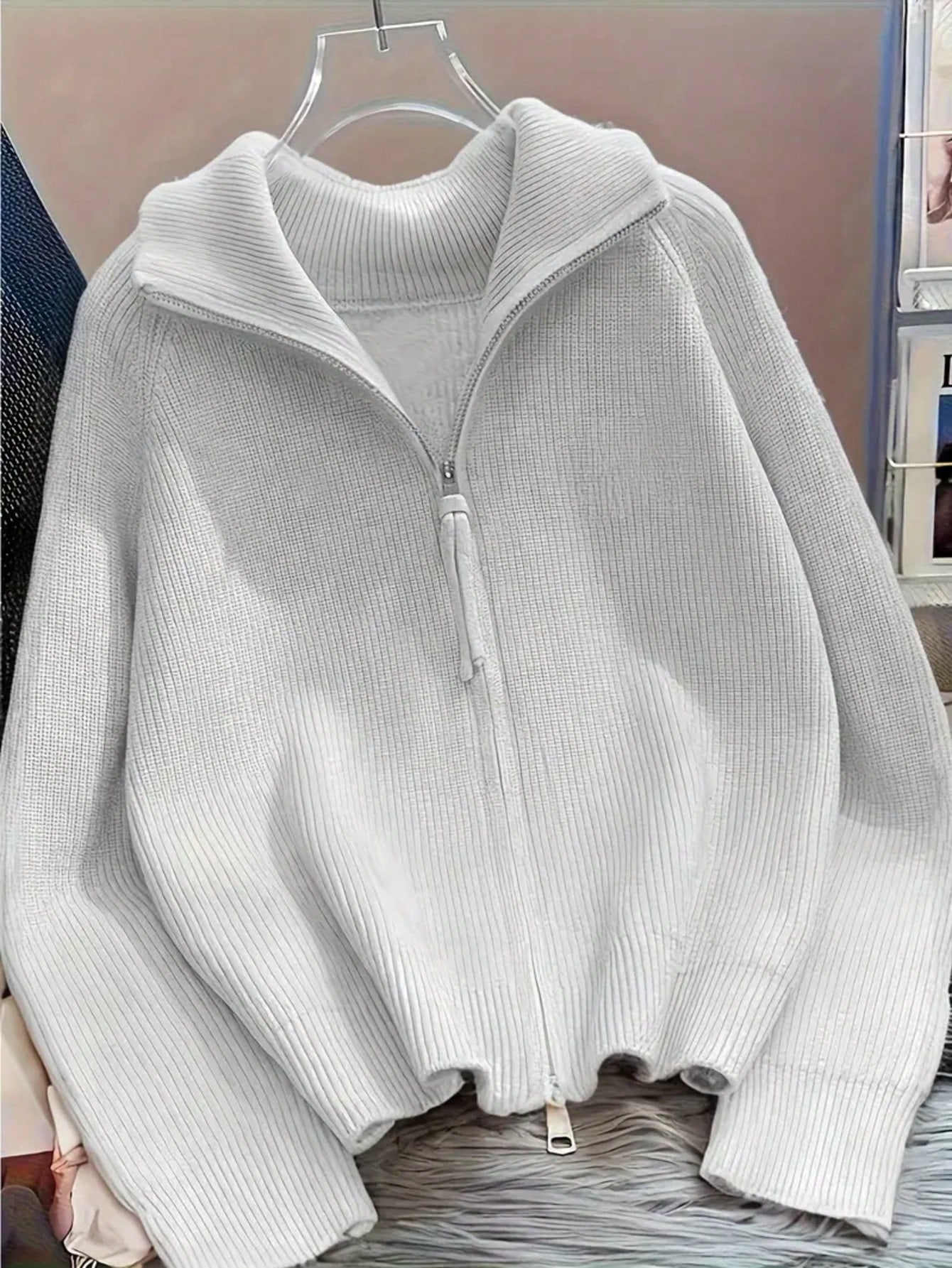 Cardigan zippé pour femmes, pull oversize en tricot côtelé de style moyen-oriental, veste — vue 4