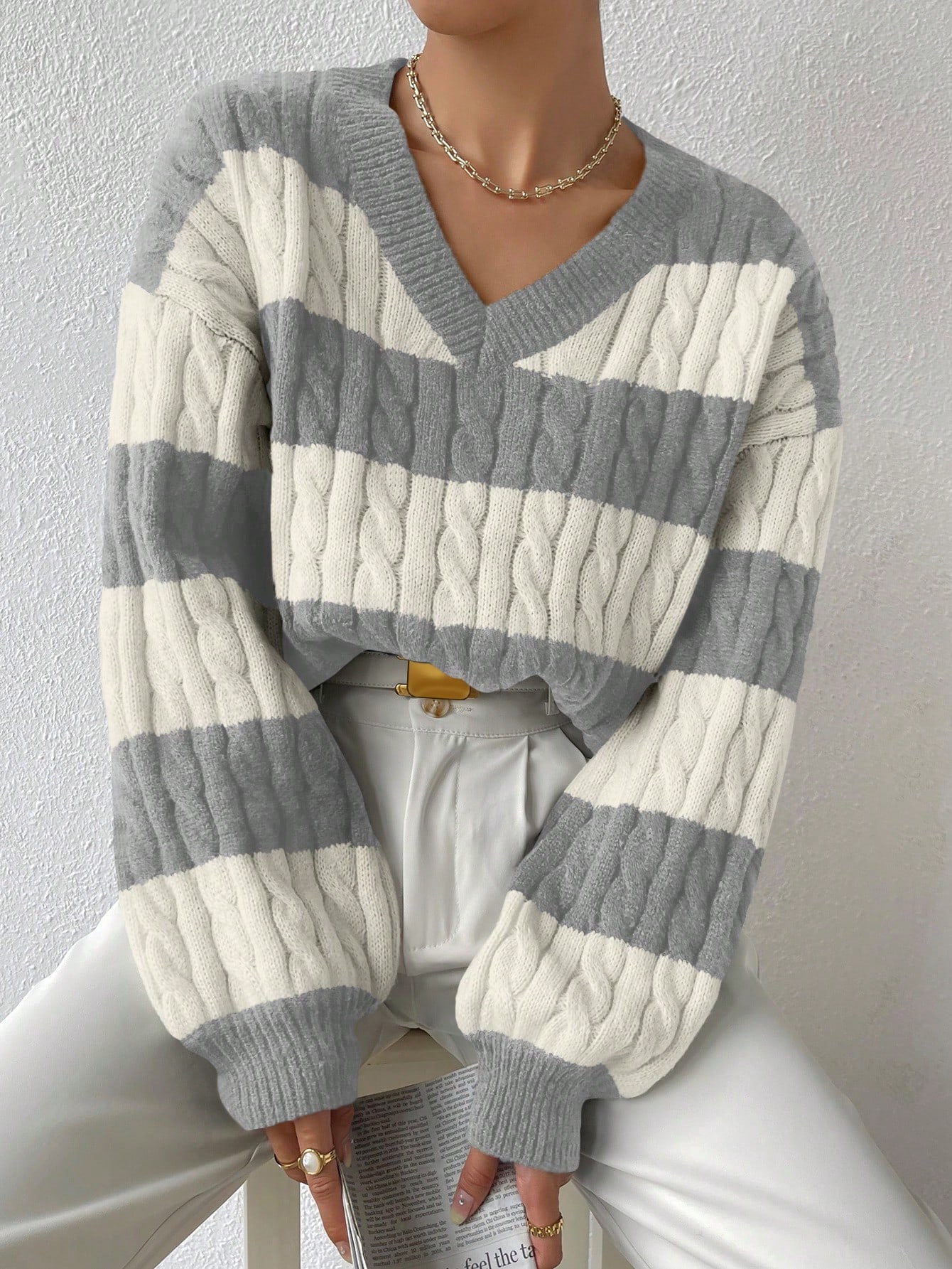 Sprig & Strand Pull à manches longues en tricot côtelé bicolore, pull tricoté pour