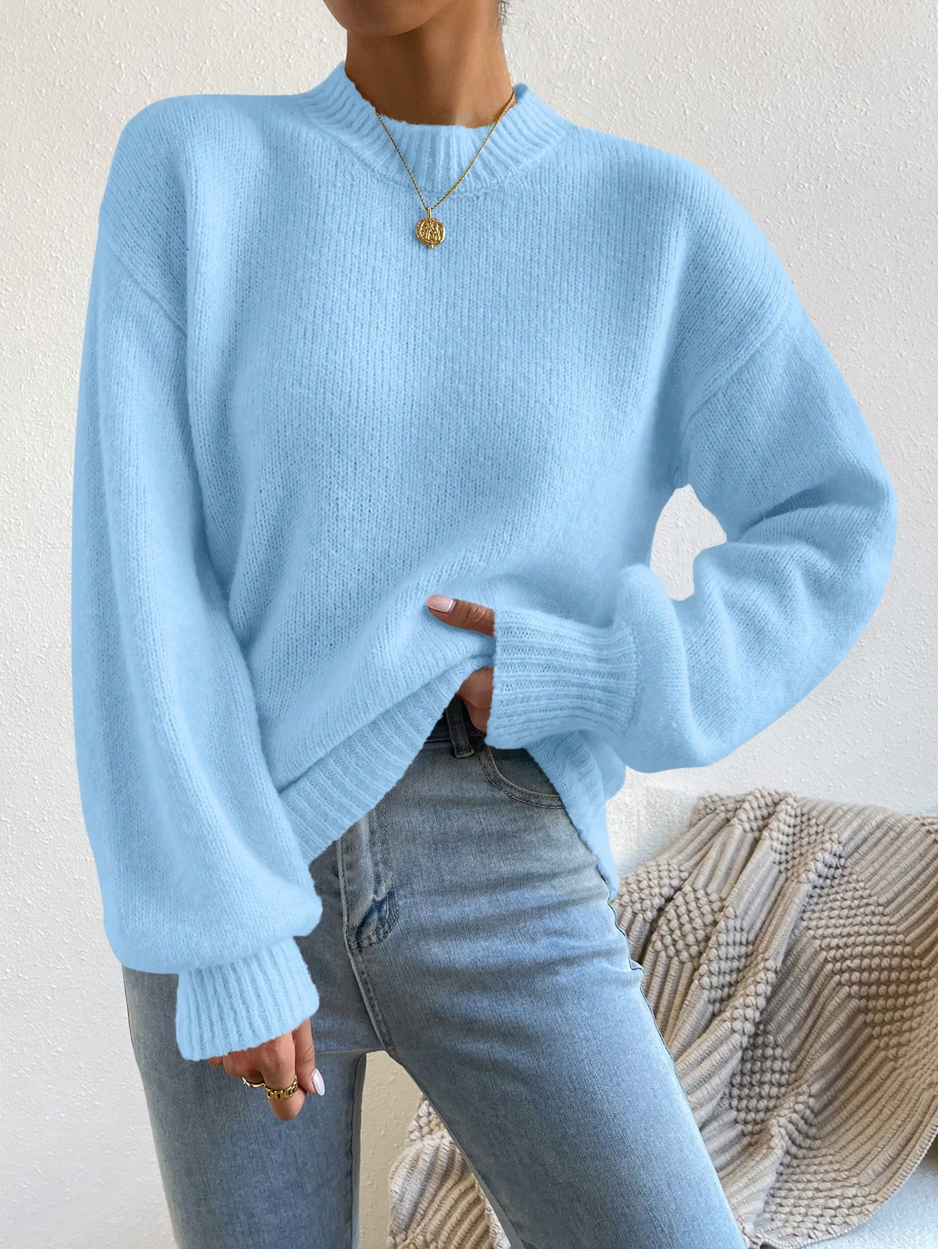 Pull à col montant avec épaules tombantes, Top à manches longues tricoté, pull pour — vue 13