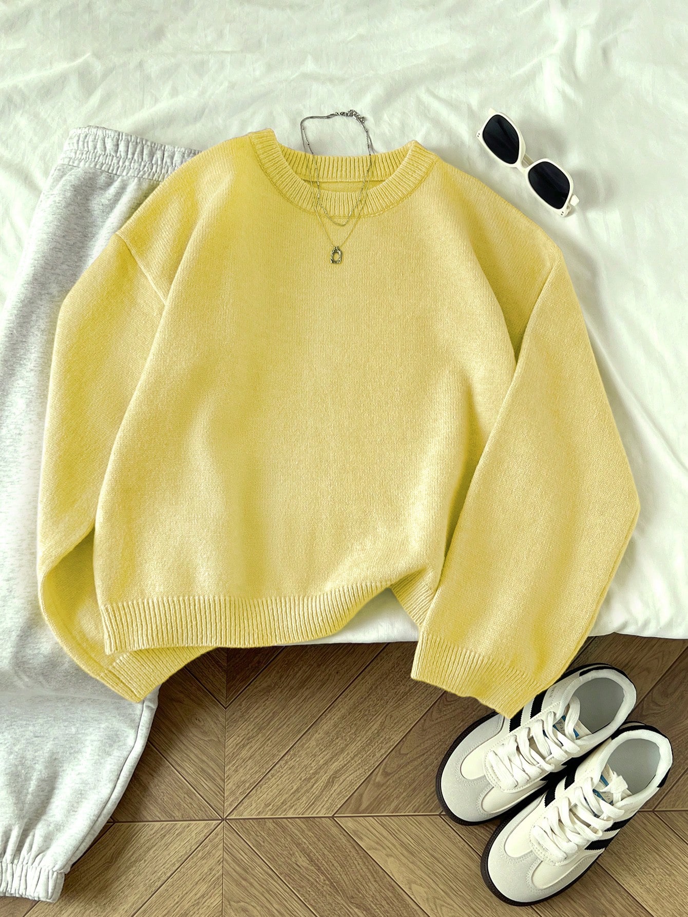 Flirla Pull femme col rond couleur unie manches longues décontracté pour tous les jours — vue 9