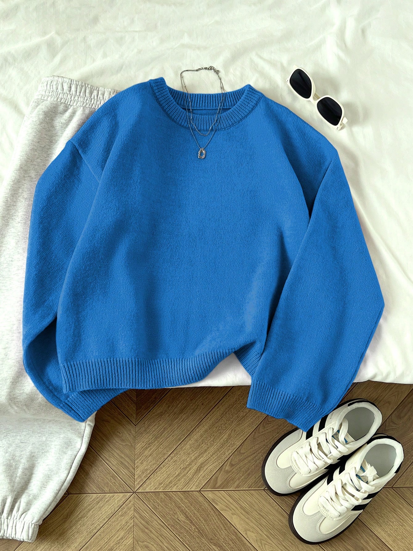 Flirla Pull femme col rond couleur unie manches longues décontracté pour tous les jours — vue 8