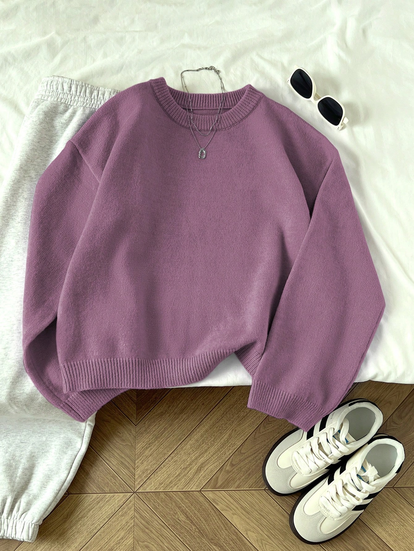 Flirla Pull femme col rond couleur unie manches longues décontracté pour tous les jours — vue 11