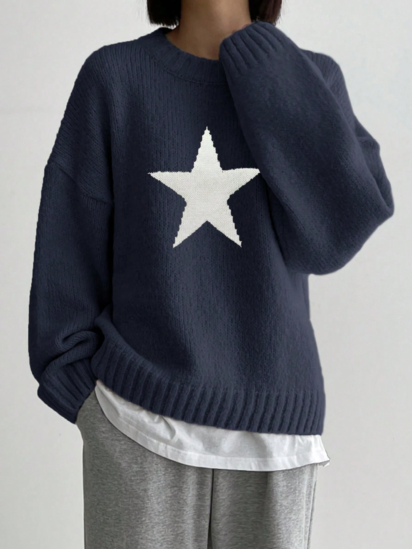 DAZY Pull ample à col rond, manches longues, simple. Vêtement casual pour tous les jours, — vue 19