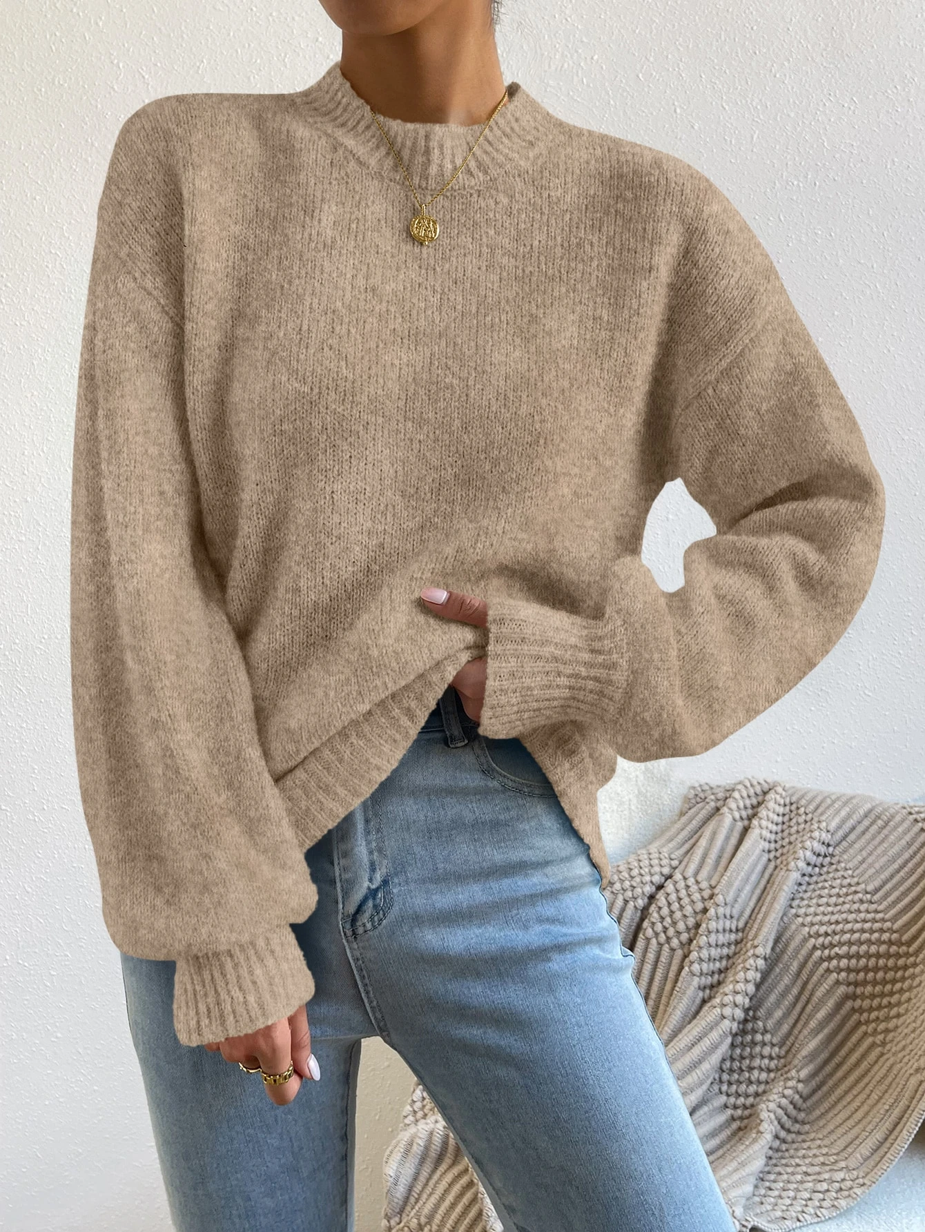 Pull à col montant avec épaules tombantes, Top à manches longues tricoté, pull pour — vue 18