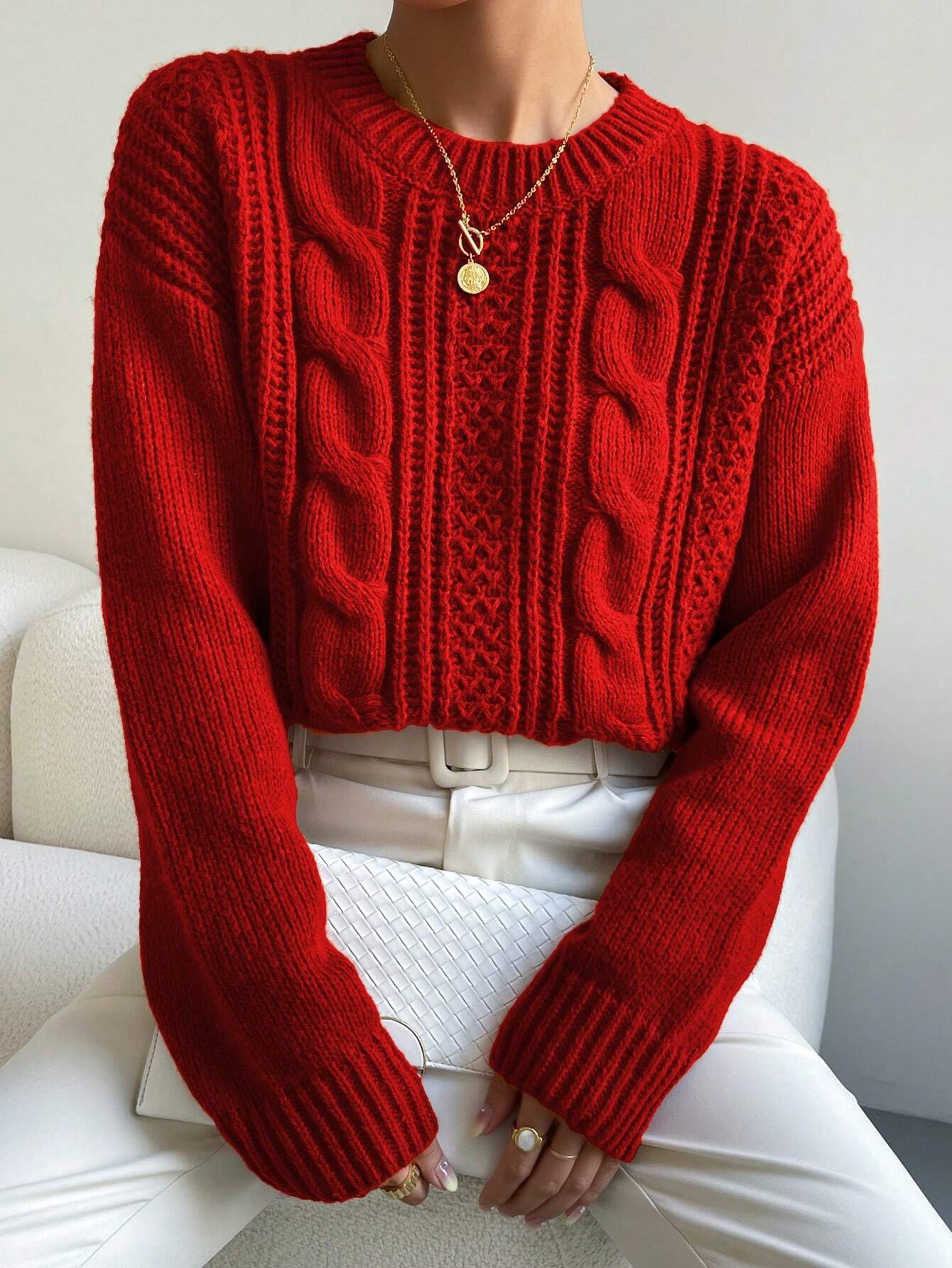 Chiquease Pull tricoté ample à épaules tombantes de couleur unie, style décontracté pour — vue 6