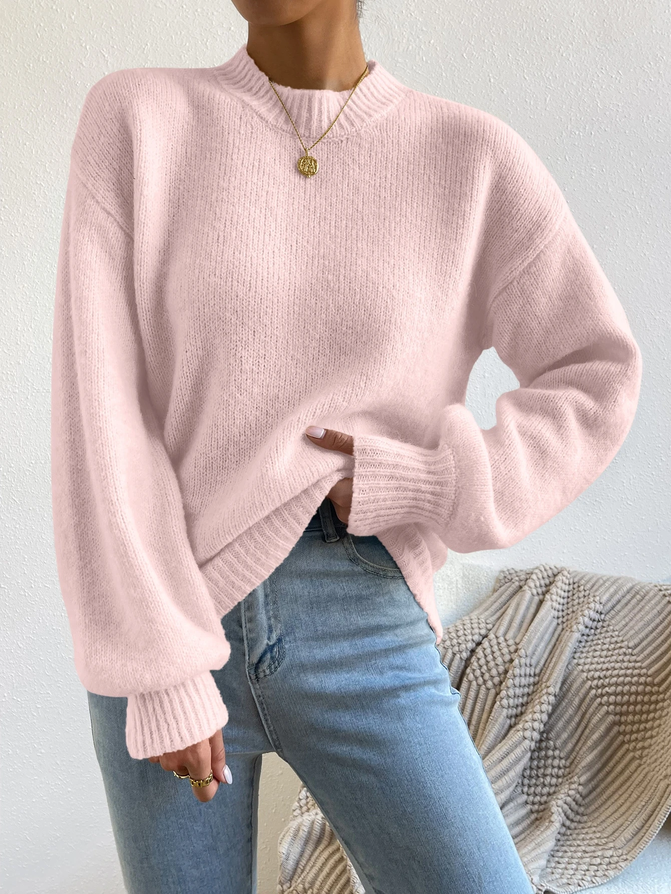 Pull à col montant avec épaules tombantes, Top à manches longues tricoté, pull pour — vue 17