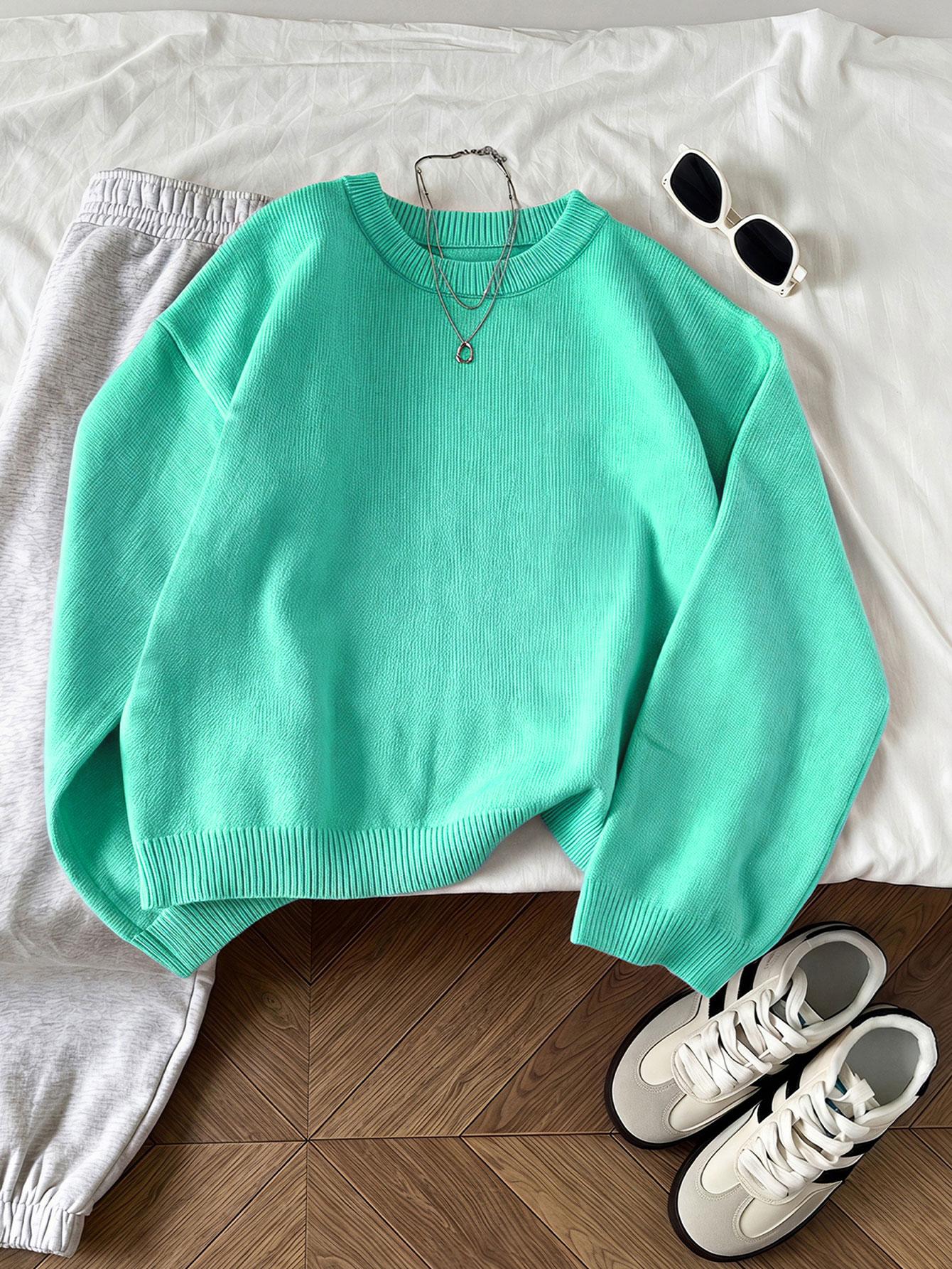 Flirla Pull femme col rond couleur unie manches longues décontracté pour tous les jours — vue 12