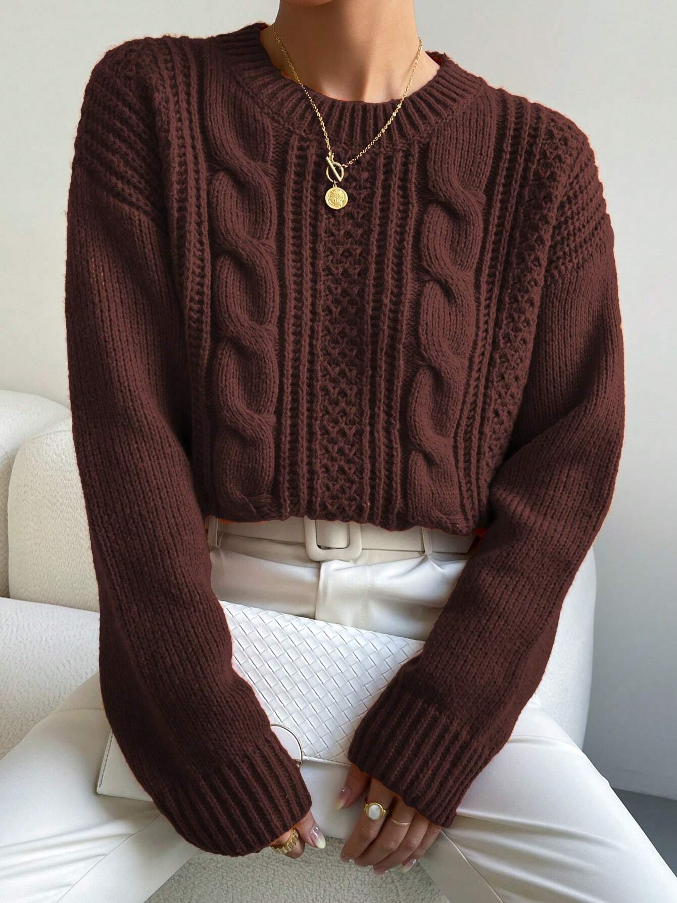 Chiquease Pull tricoté ample à épaules tombantes de couleur unie, style décontracté pour