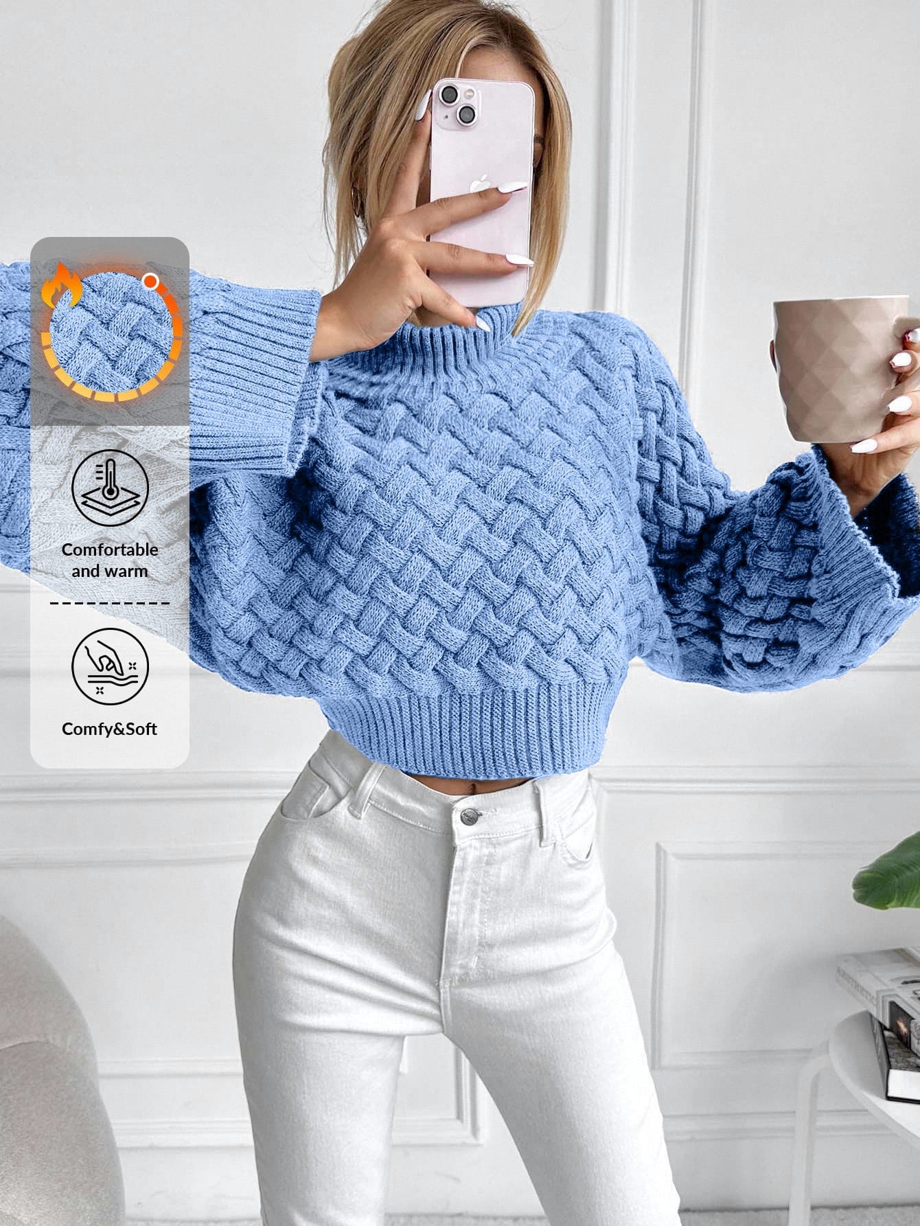 EURMUSE Pull col roulé ample en tricot de couleur unie pour femmes, bleu bleuet,