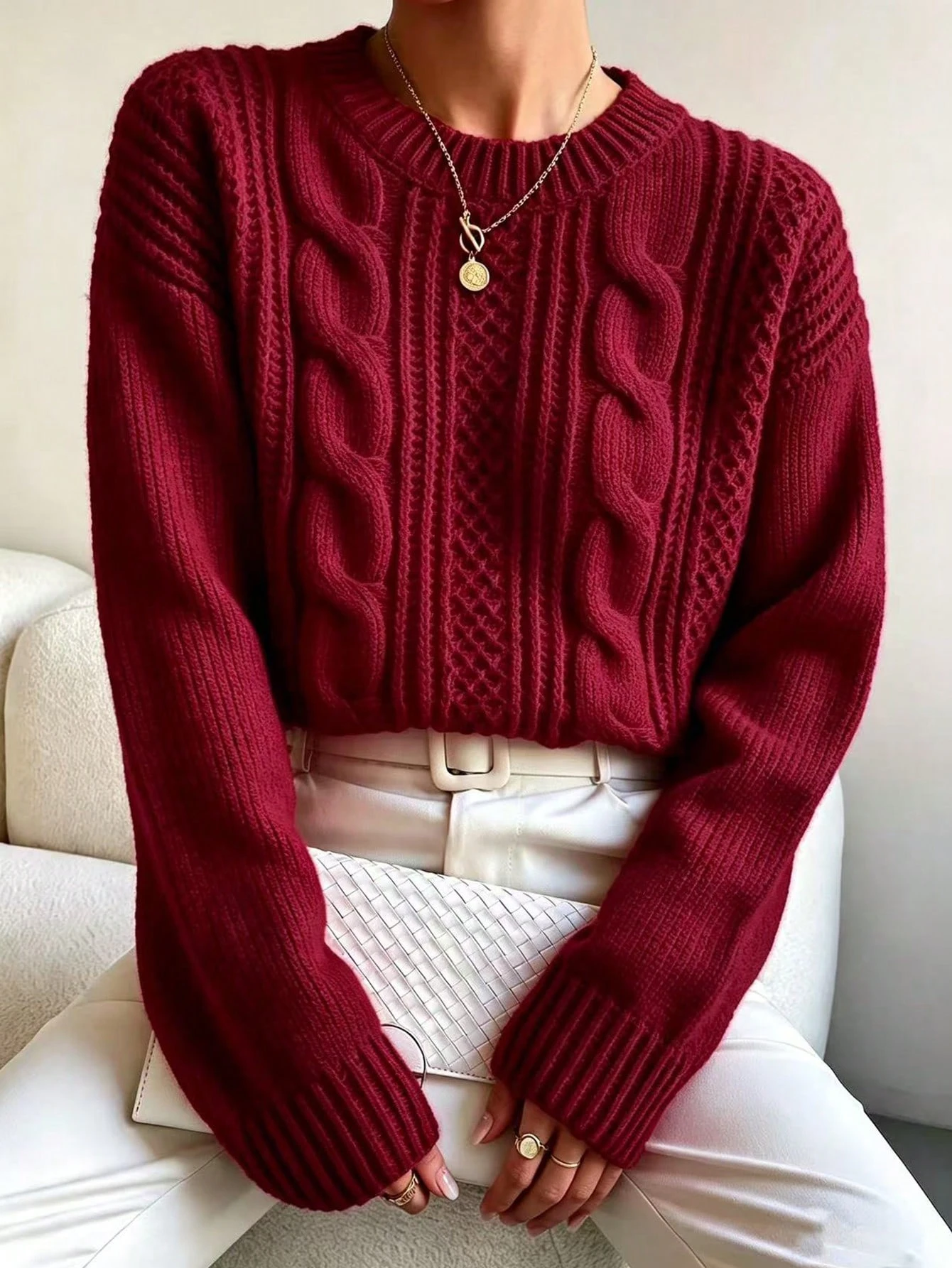 Chiquease Pull tricoté ample à épaules tombantes de couleur unie, style décontracté pour — vue 5