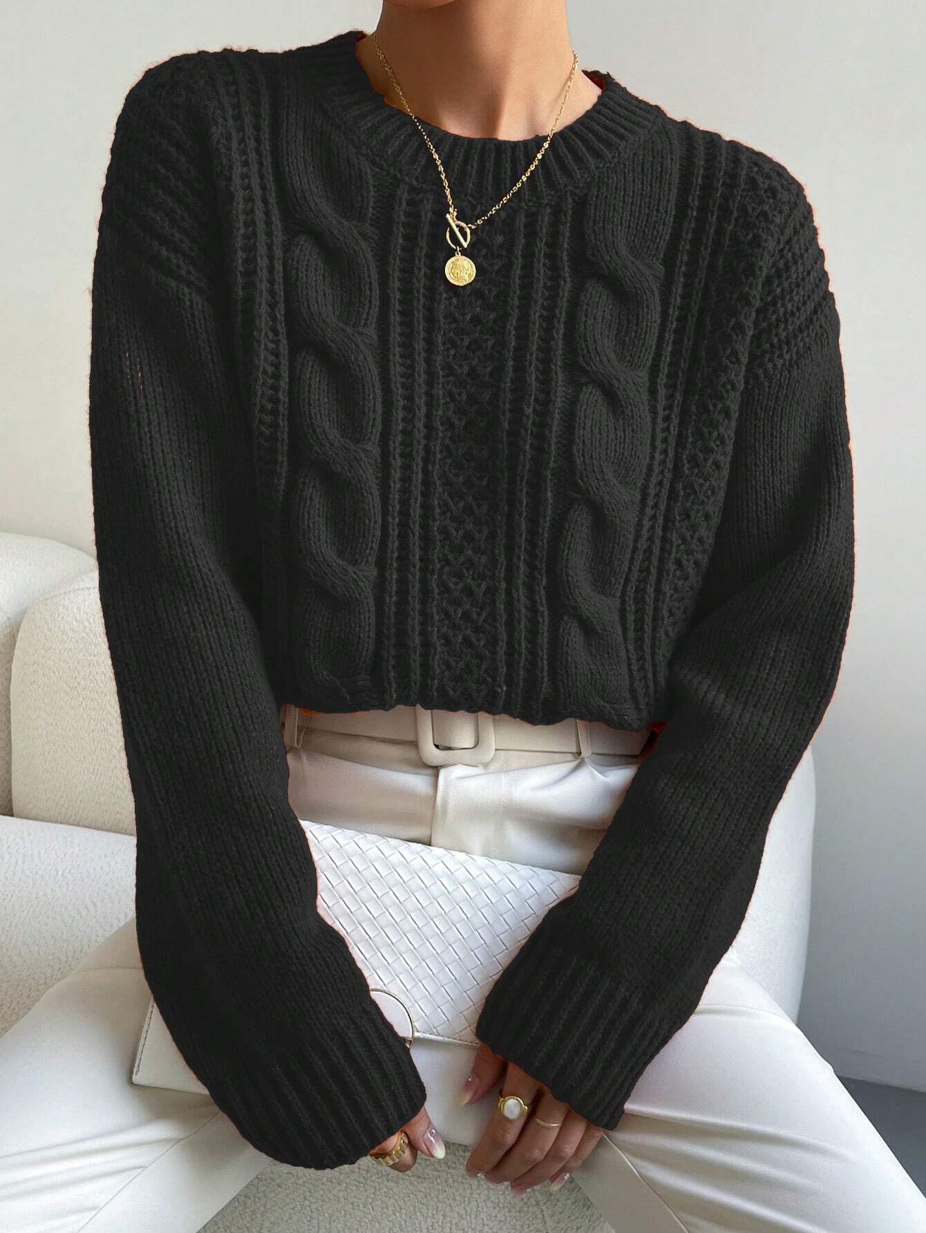 Chiquease Pull tricoté ample à épaules tombantes de couleur unie, style décontracté pour — vue 2