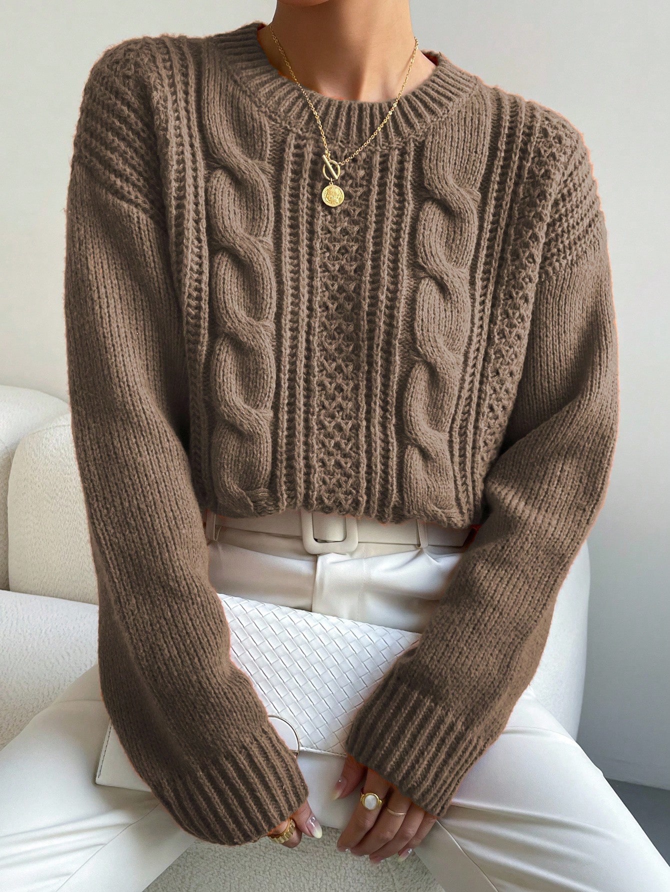 Chiquease Pull tricoté ample à épaules tombantes de couleur unie, style décontracté pour — vue 4