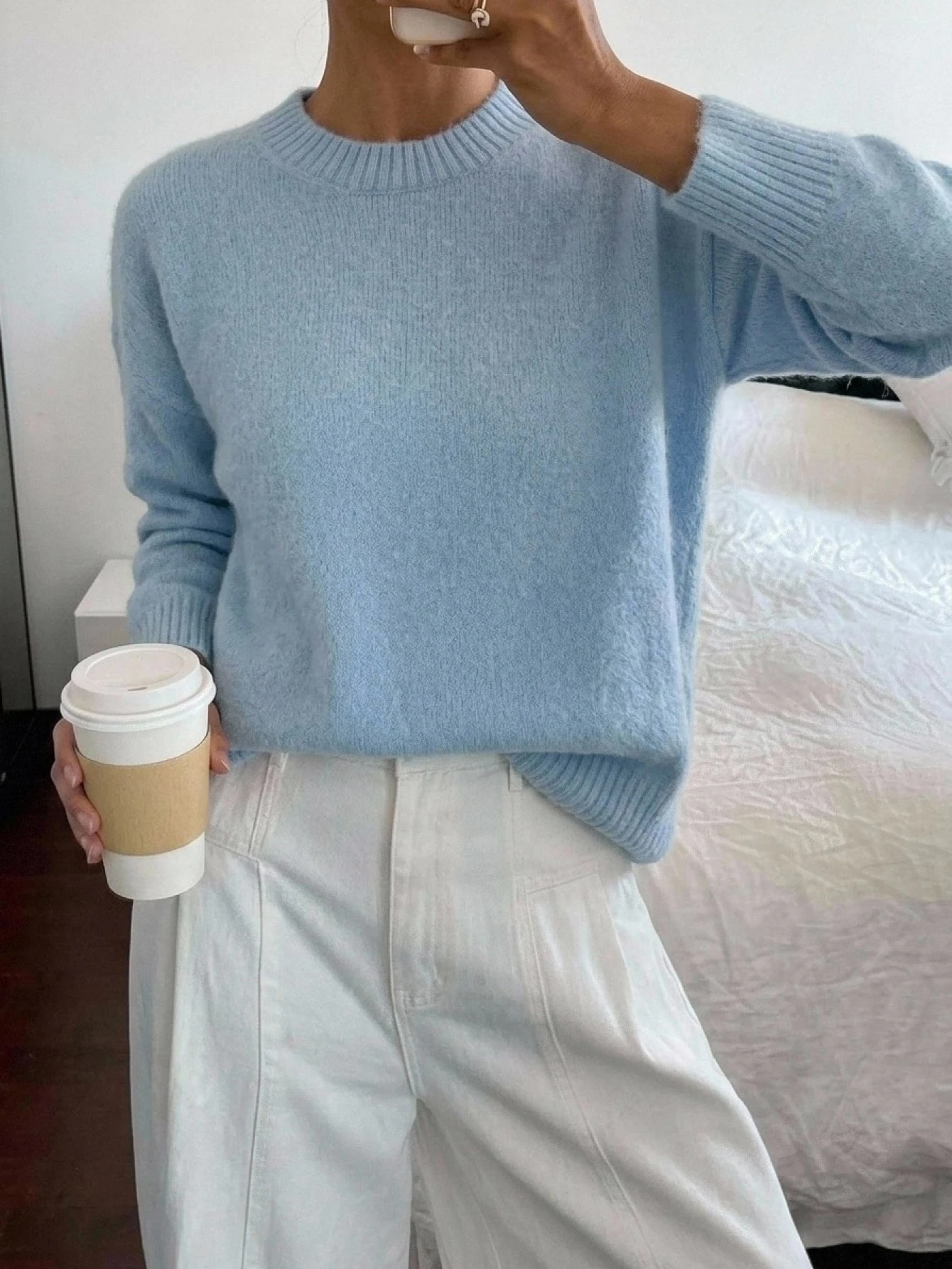 Pariaura Pull femme col rond bleu clair douillet manches longues toucher doux pour brunch