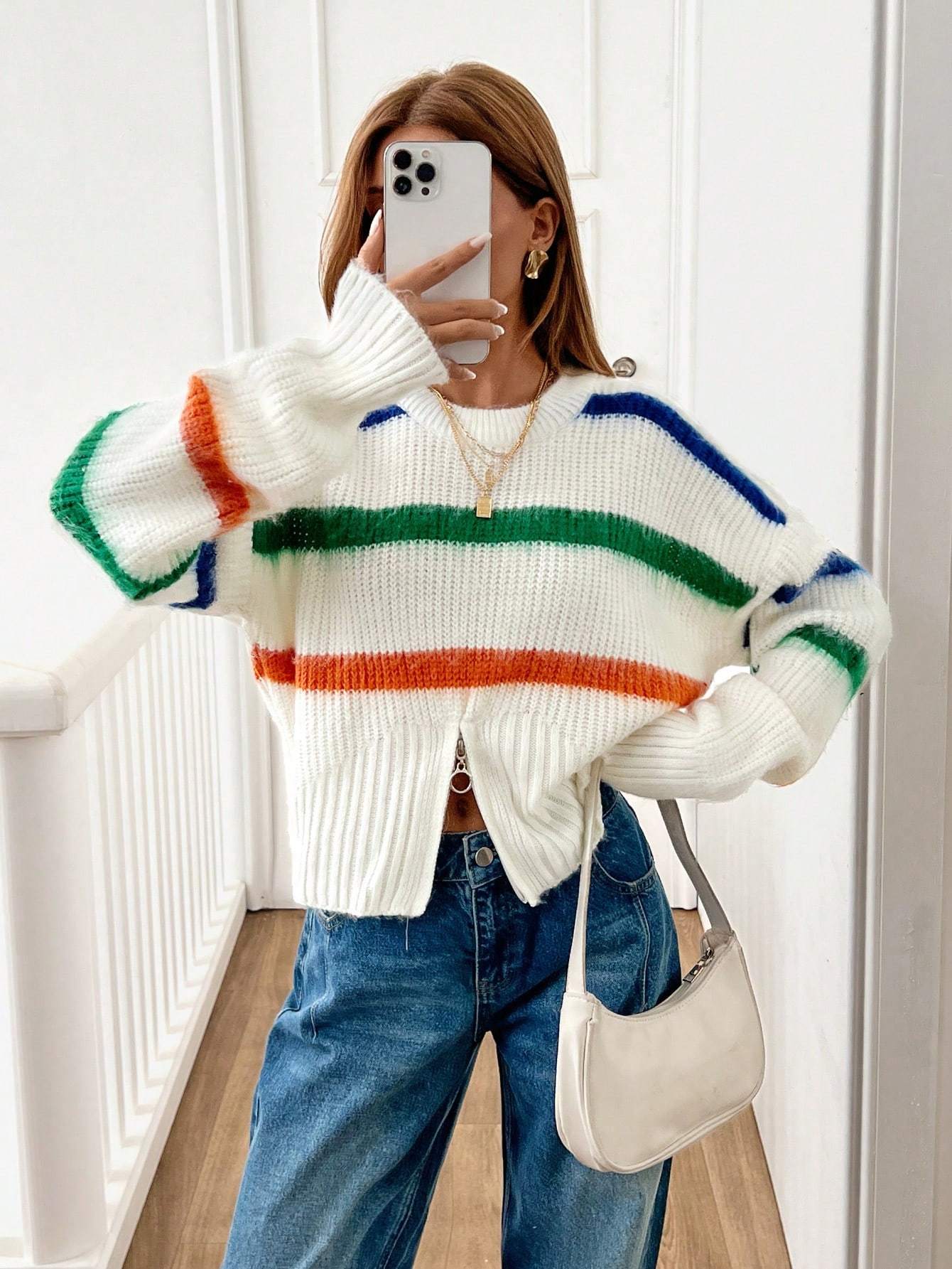 EURMUSE Pull-over femme à rayures avec détails zippés en fil poilu, bleu et blanc, style — vue 8