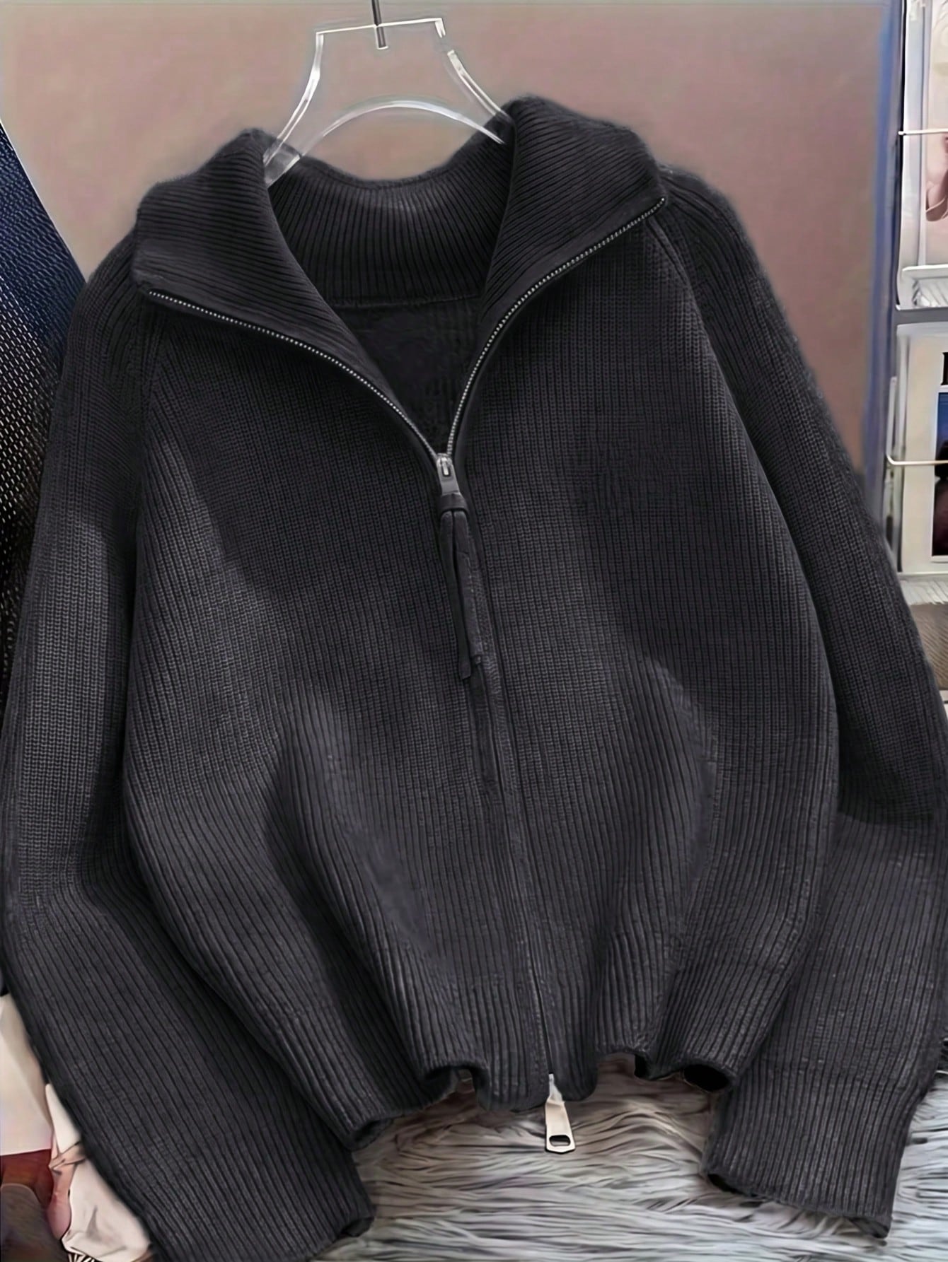 Cardigan zippé pour femmes, pull oversize en tricot côtelé de style moyen-oriental, veste — vue 10