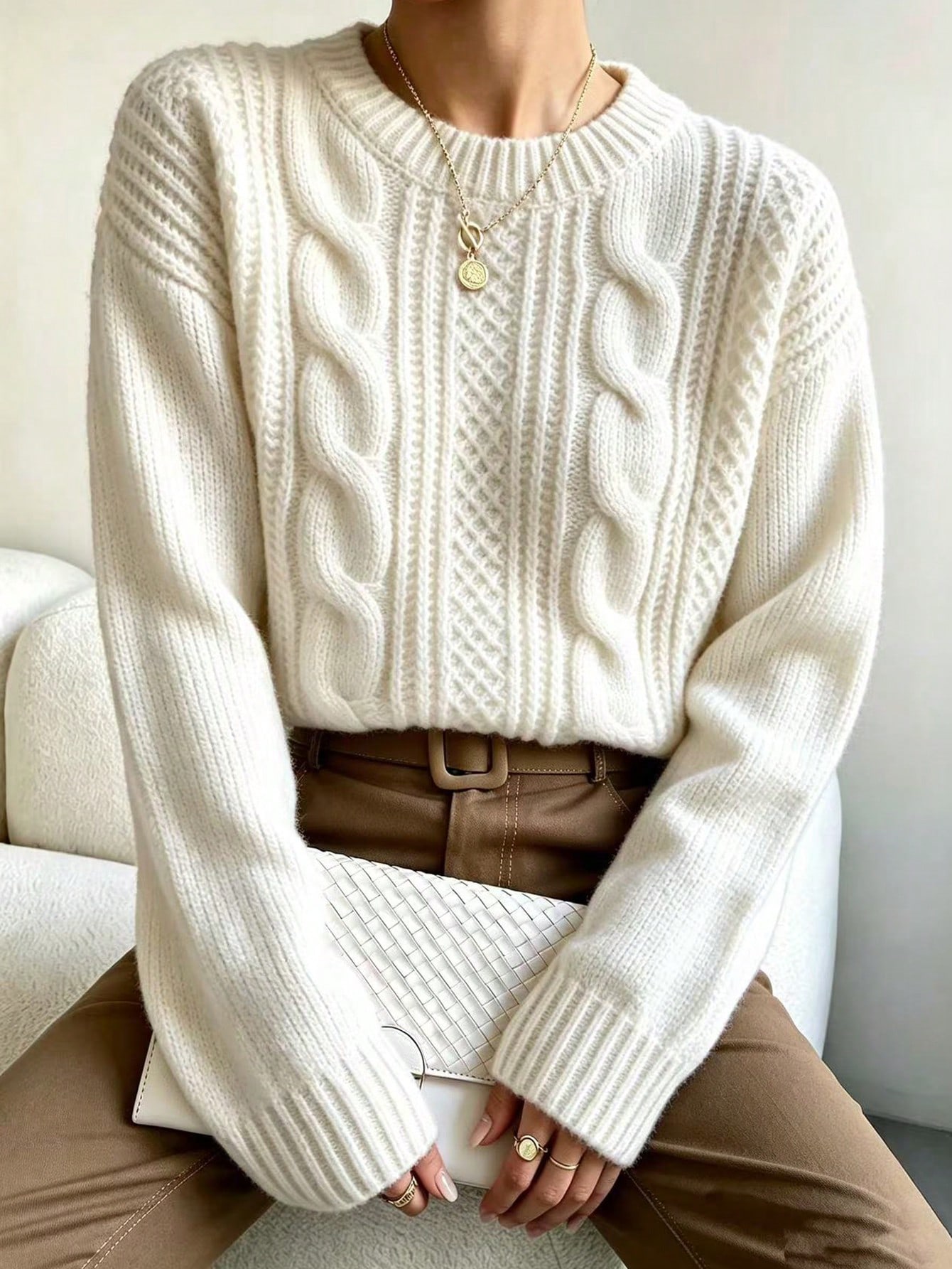 Chiquease Pull tricoté ample à épaules tombantes de couleur unie, style décontracté pour — vue 3
