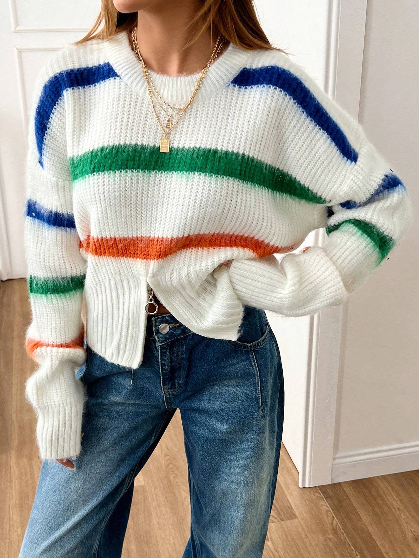 EURMUSE Pull-over femme à rayures avec détails zippés en fil poilu, bleu et blanc, style — vue 7