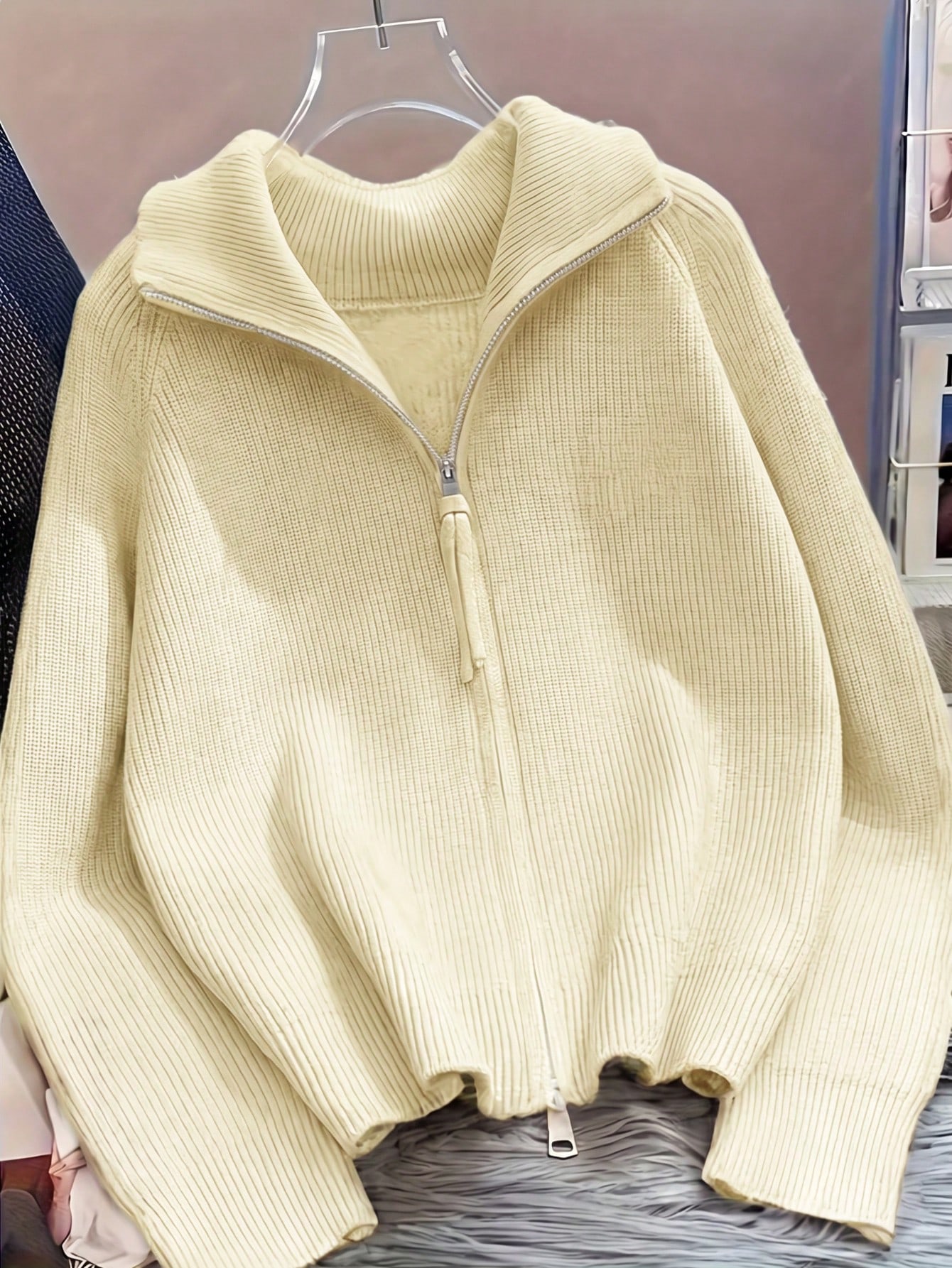 Cardigan zippé pour femmes, pull oversize en tricot côtelé de style moyen-oriental, veste — vue 8