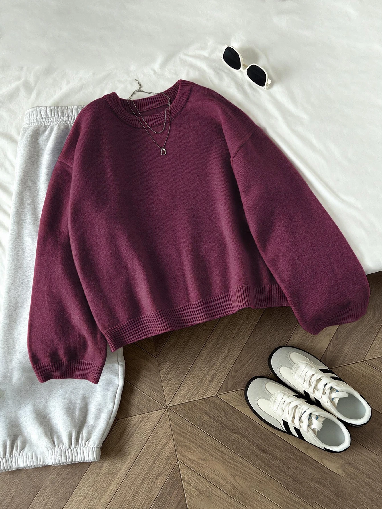 Flirla Pull femme col rond couleur unie manches longues décontracté pour tous les jours — vue 18