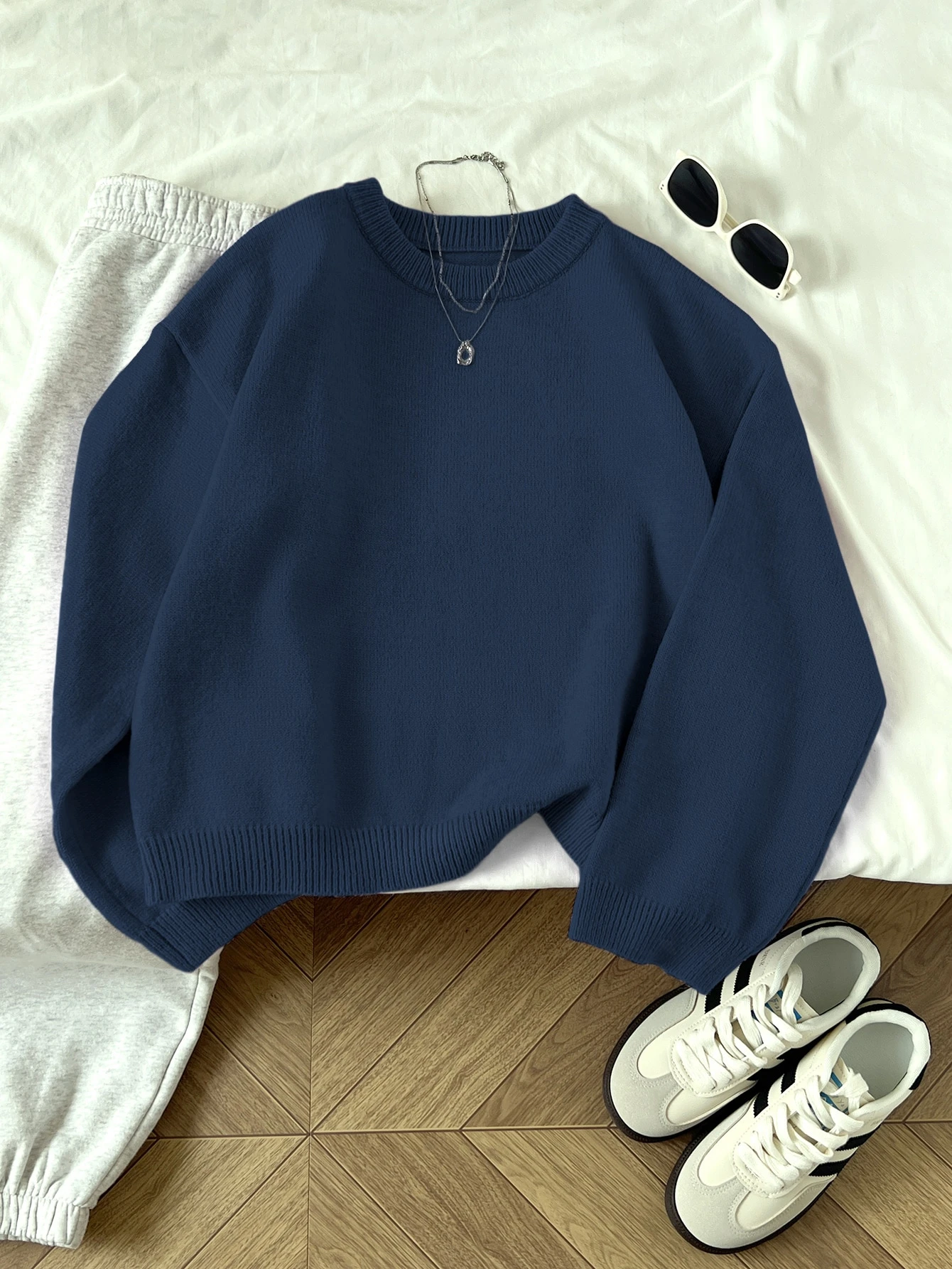 Flirla Pull femme col rond couleur unie manches longues décontracté pour tous les jours — vue 16