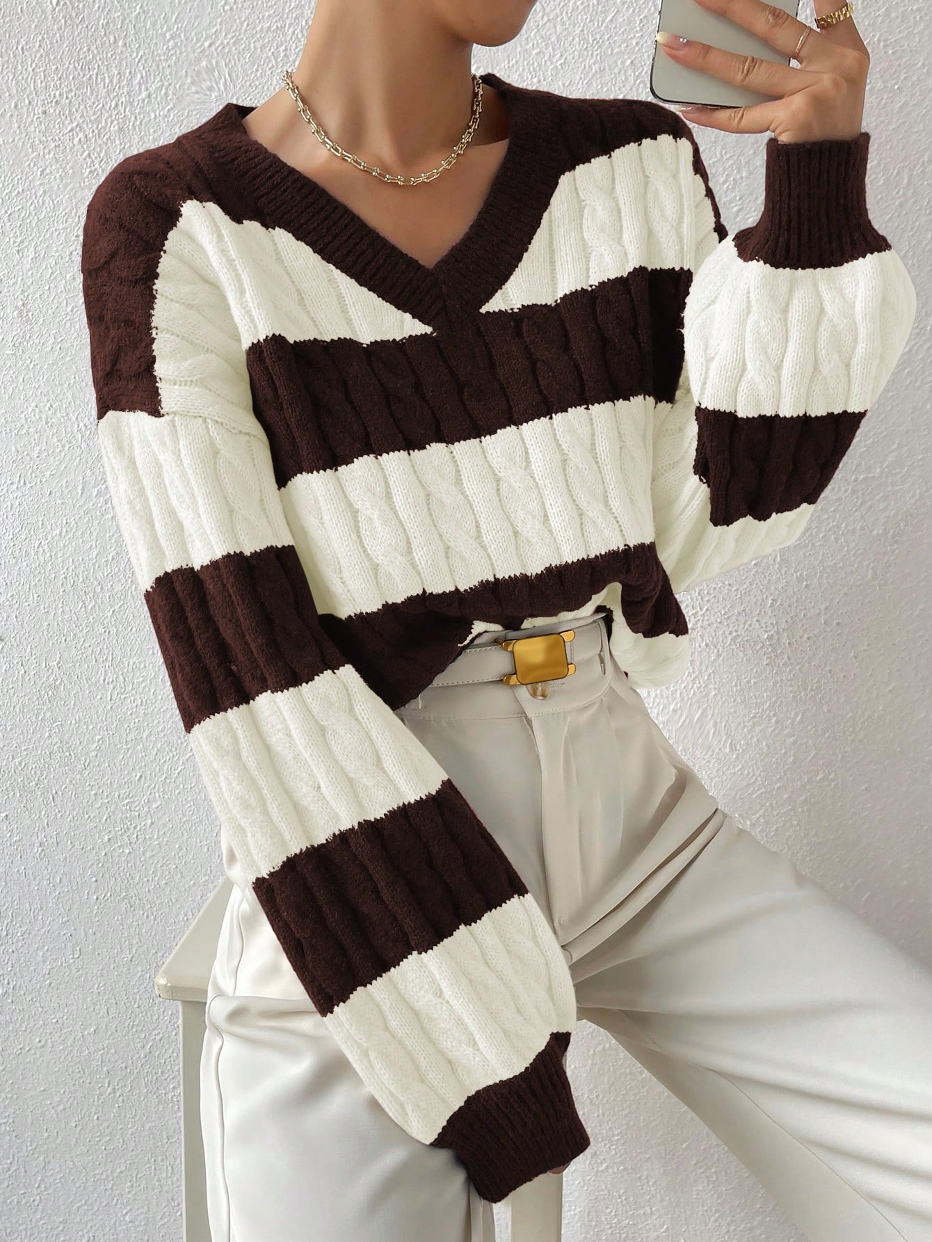 Sprig & Strand Pull à manches longues en tricot côtelé bicolore, pull tricoté pour — vue 8