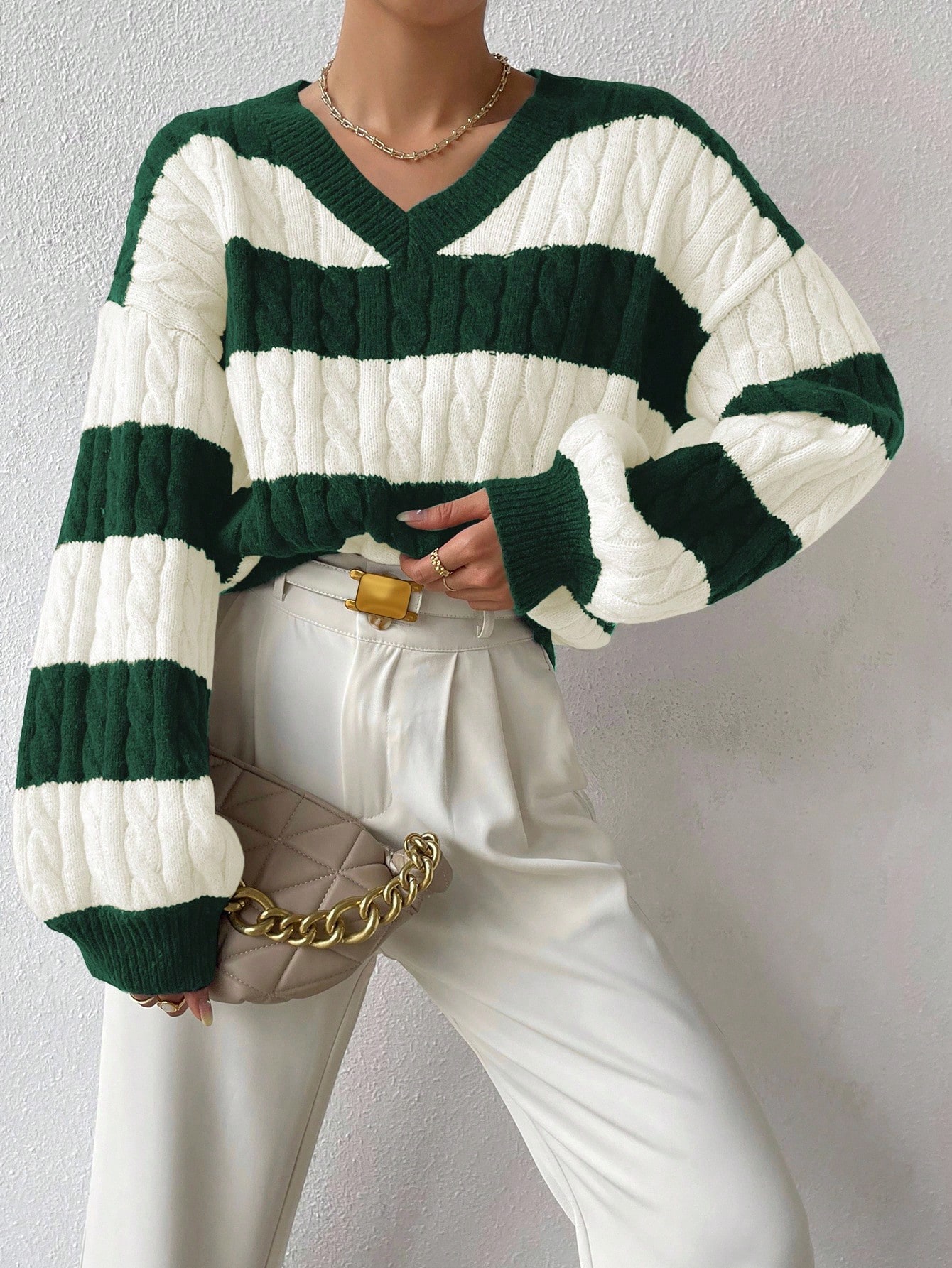 Sprig & Strand Pull à manches longues en tricot côtelé bicolore, pull tricoté pour — vue 12