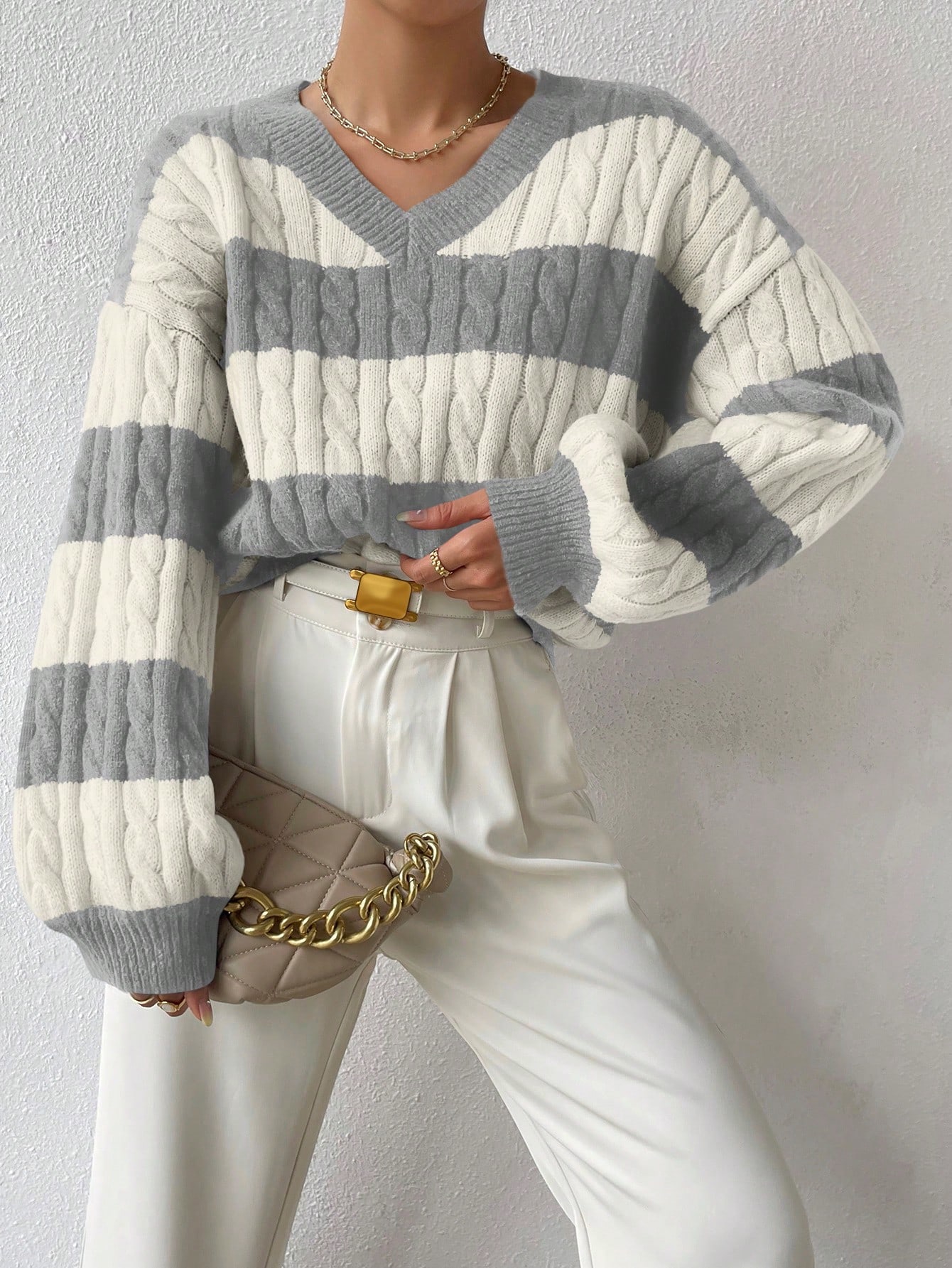 Sprig & Strand Pull à manches longues en tricot côtelé bicolore, pull tricoté pour — vue 7