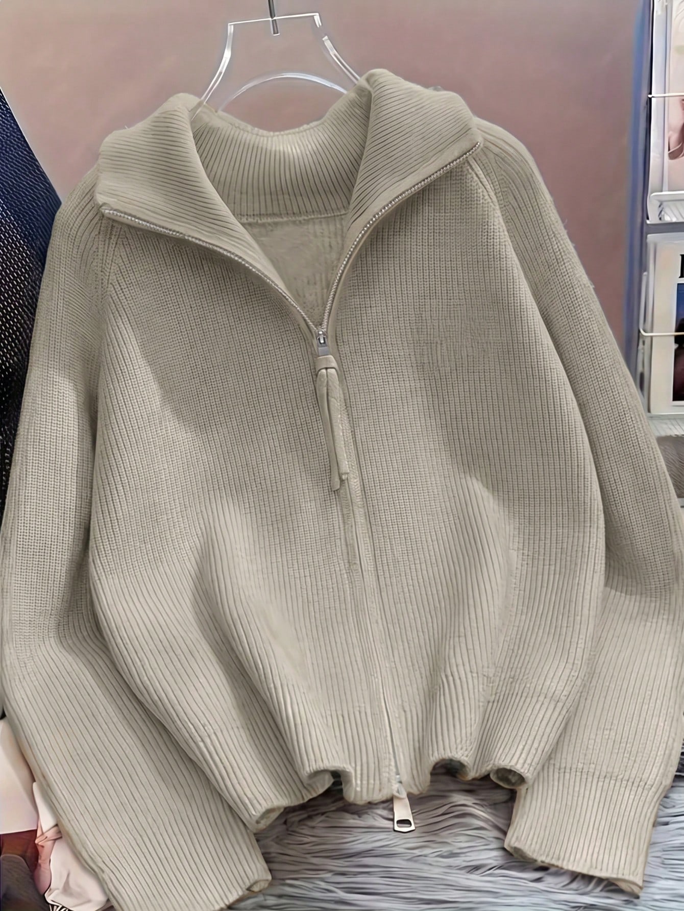 Cardigan zippé pour femmes, pull oversize en tricot côtelé de style moyen-oriental, veste — vue 9
