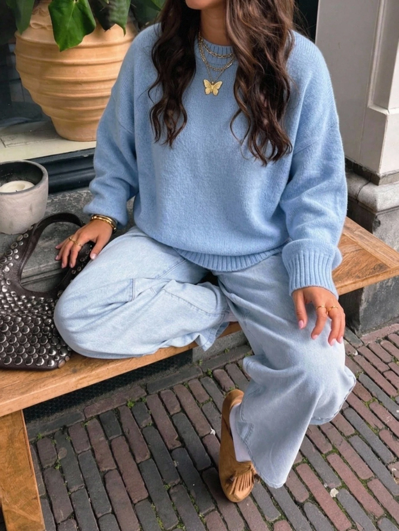 Pariaura Pull femme col rond bleu clair douillet manches longues toucher doux pour brunch — vue 2
