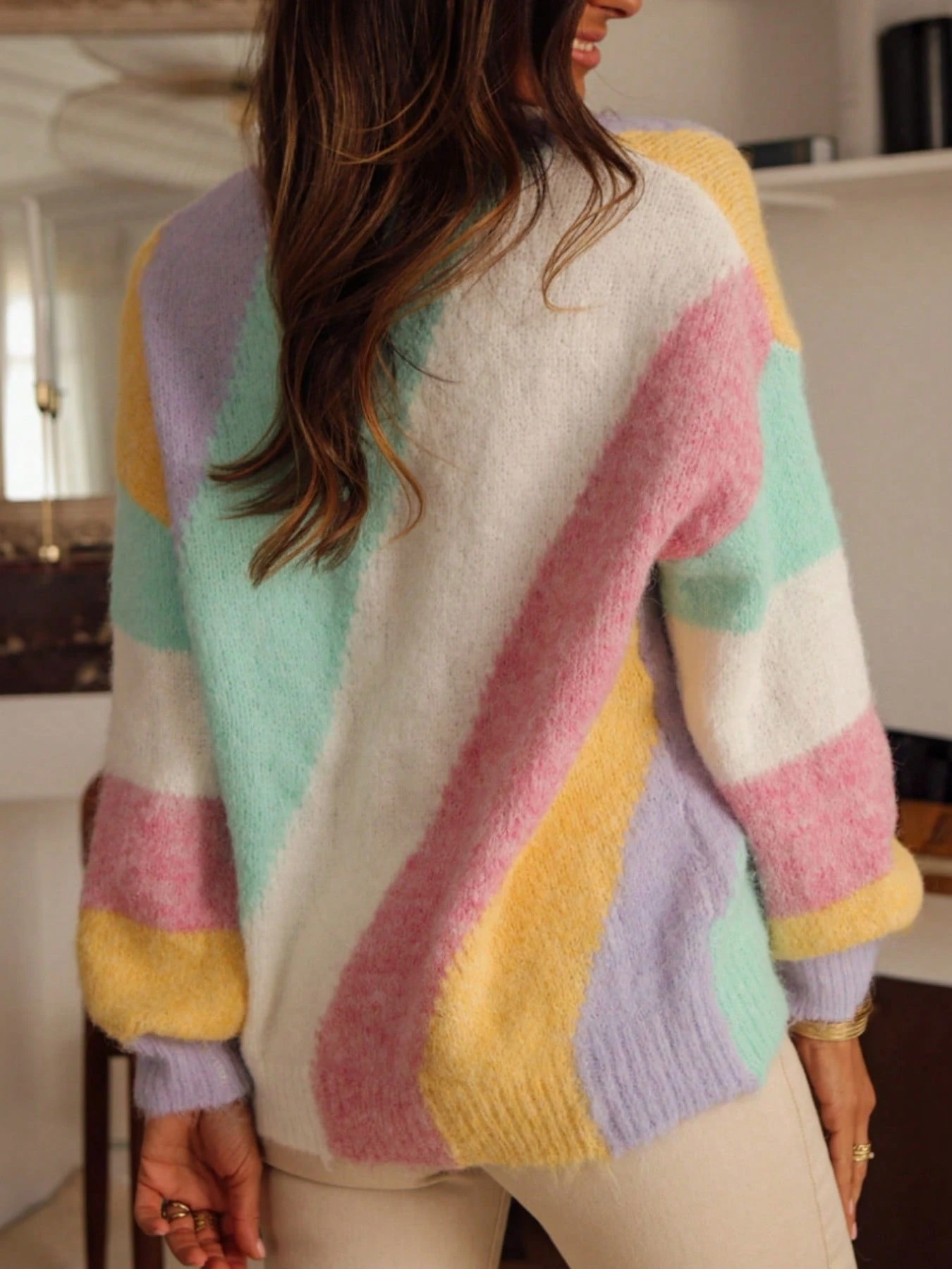Pull en tricot rayé pastel pour femmes, col ras-du-cou patchwork, coupe ample, doux et — vue 2