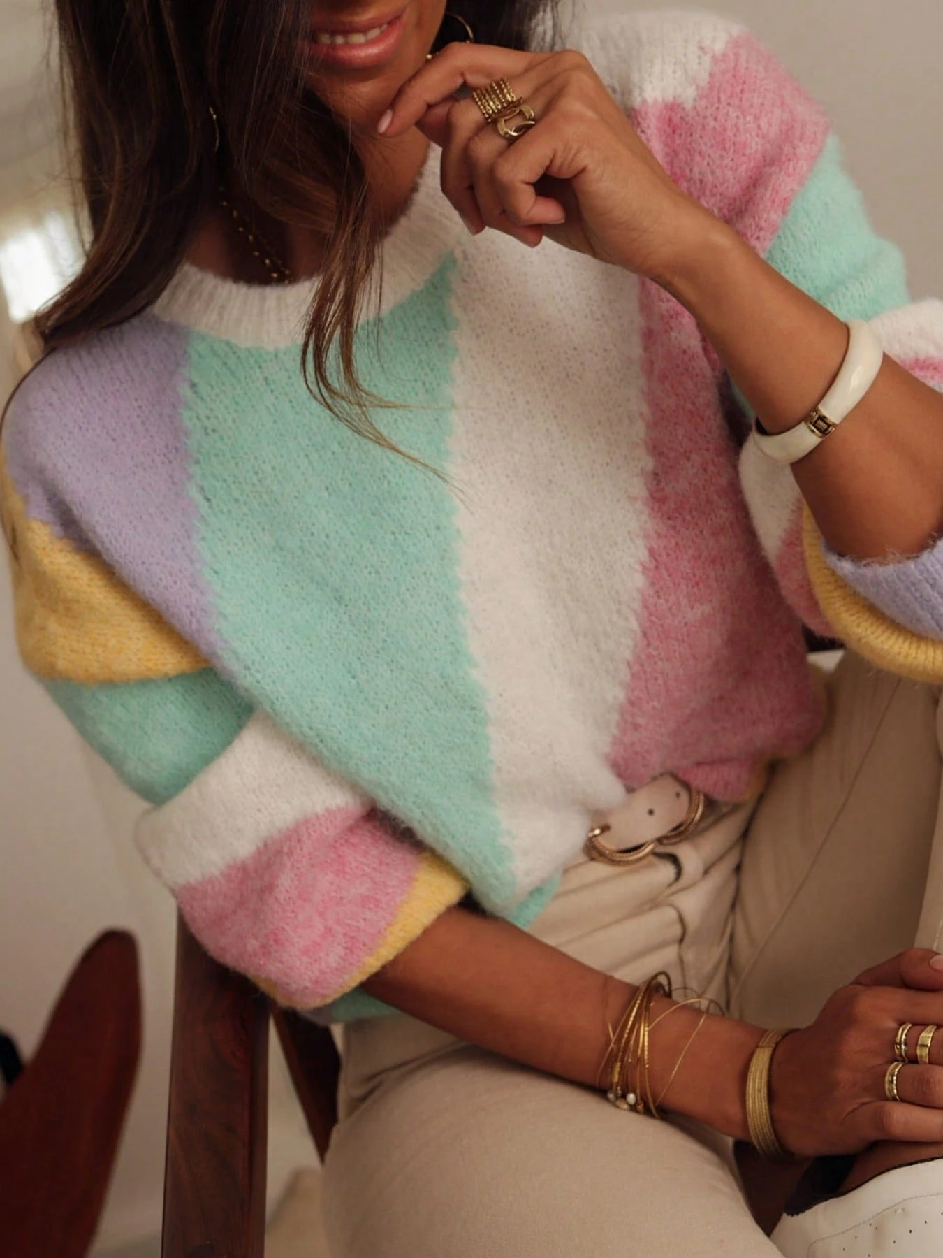 Pull en tricot rayé pastel pour femmes, col ras-du-cou patchwork, coupe ample, doux et