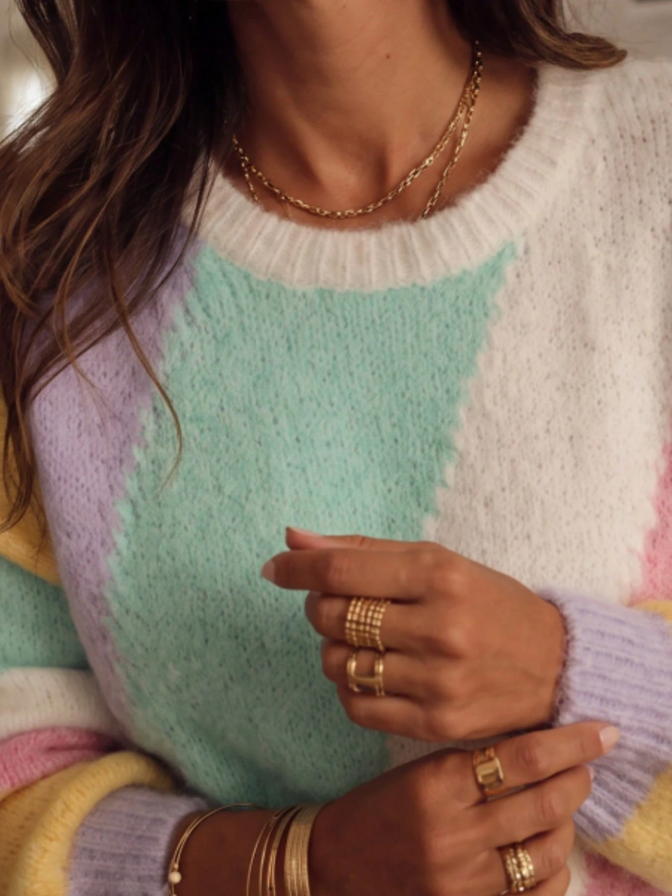 Pull en tricot rayé pastel pour femmes, col ras-du-cou patchwork, coupe ample, doux et — vue 6