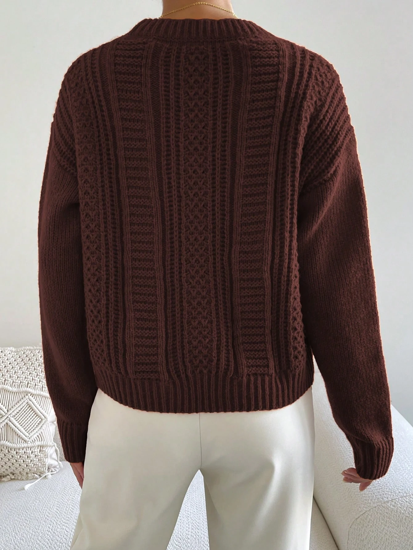 Chiquease Pull tricoté ample à épaules tombantes de couleur unie, style décontracté pour — vue 9
