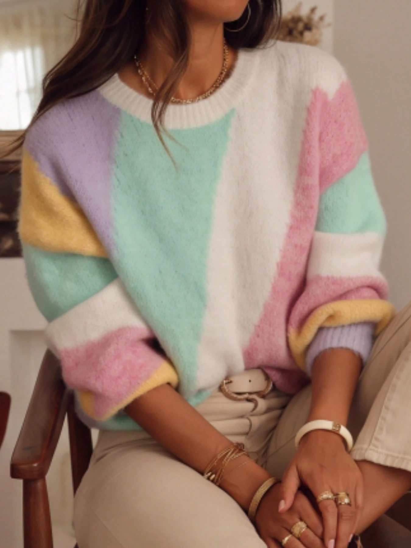 Pull en tricot rayé pastel pour femmes, col ras-du-cou patchwork, coupe ample, doux et — vue 5