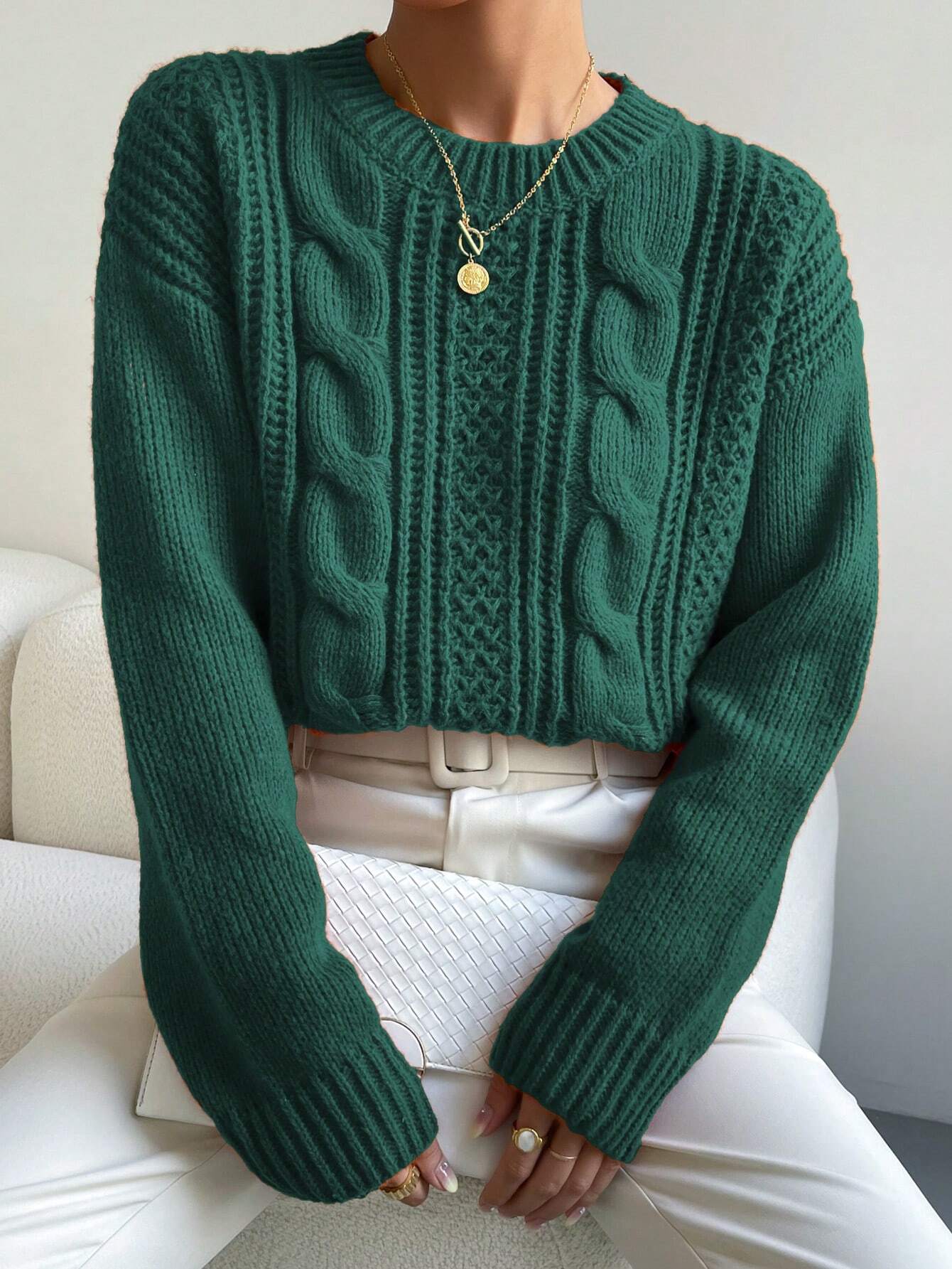 Chiquease Pull tricoté ample à épaules tombantes de couleur unie, style décontracté pour — vue 8